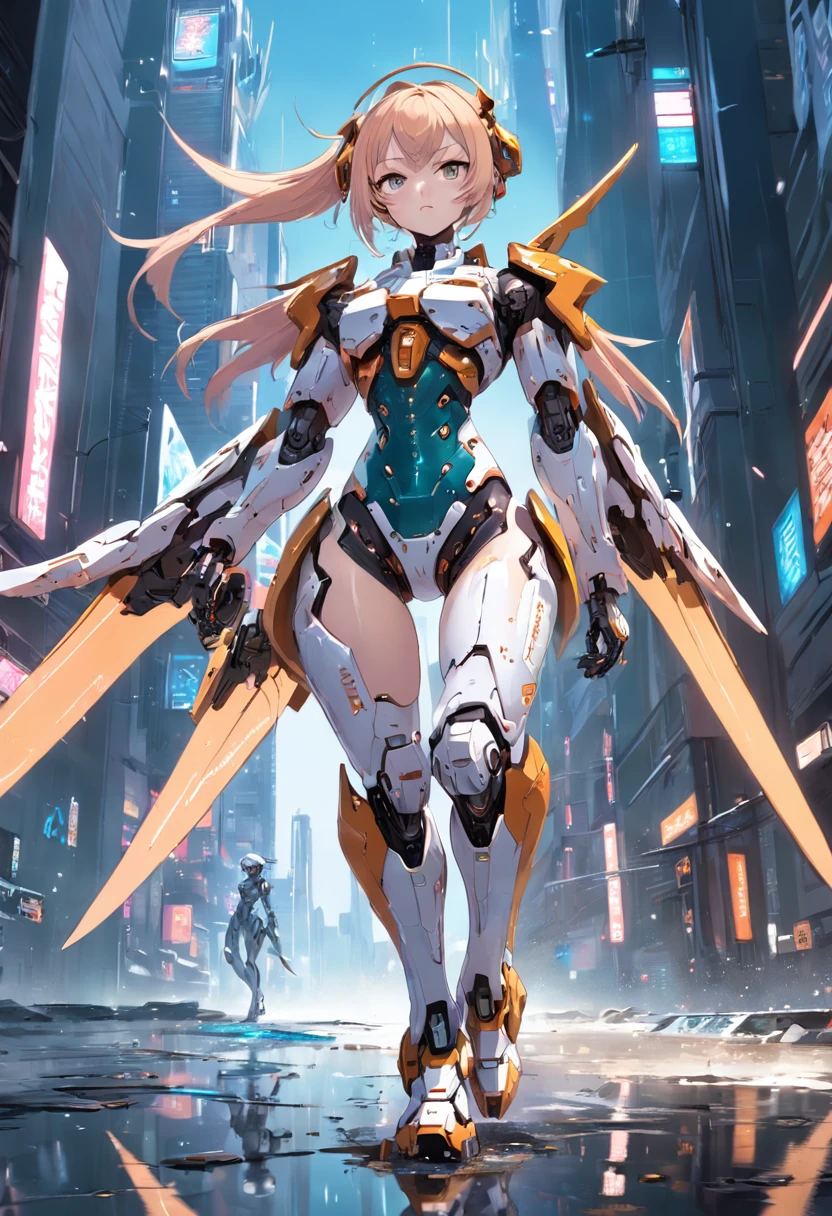 A woman in a futuristic suit runs in a puddle, girl in mecha cyber armor, female mecha, cyberpunk anime girl mech, Mechanized Valkyrie girl, Digital cyberpunk anime art, Mecha wings, anime cyberpunk art, Mecha suit, Ross Tran 8 K, digitl cyberpunk - anime art, professional concept art, anime mecha aesthetic