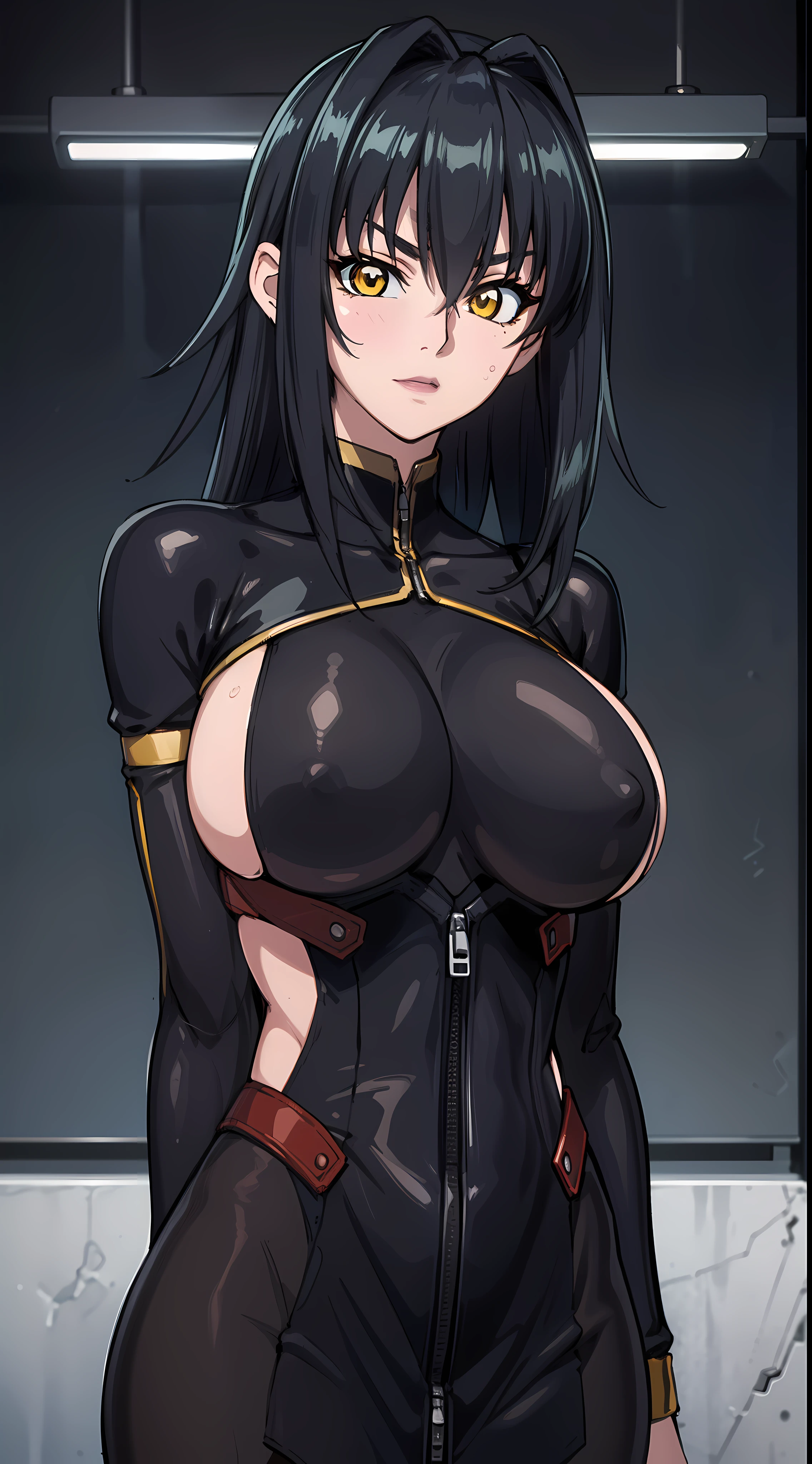professional artwork, Intricate Details, field of view, sharp focus, detailed painting, photorealistic lighting, trending on pixiv, Standing at attention, black outfit ,yellow collared shirt,black and red bodysuit,skin_tight,black legwear, black pantyhose, Side_boob, black hair,very long hair, Bangs,yellow eyes,makeup, lipstick, 20yo,mature female,Beautiful Finger,Beautiful long legs,Beautiful body,Beautiful Nose,Beautiful character design, perfect eyes detail, perfect face, looking at viewer, NSFW,official art,extremely detailed CG unity 8k wallpaper, perfect lighting,Colorful, Bright_Front_face_Lighting, (masterpiece:1.0),(best_quality:1.0), ultra high res,ultra-detailed, hyperdetailed, photography, 8K, HDR, highres, absurdres:1.2, Kodak portra 400, film grain, blurry background, bokeh:1.2, lens flare, (vibrant_color:1.2) (Beautiful,large_Breasts:1.4), (beautiful_face:1.5),(narrow_waist), (solo:1.4), ((upper body, half body shot:1.4)), annerose:1, classroom