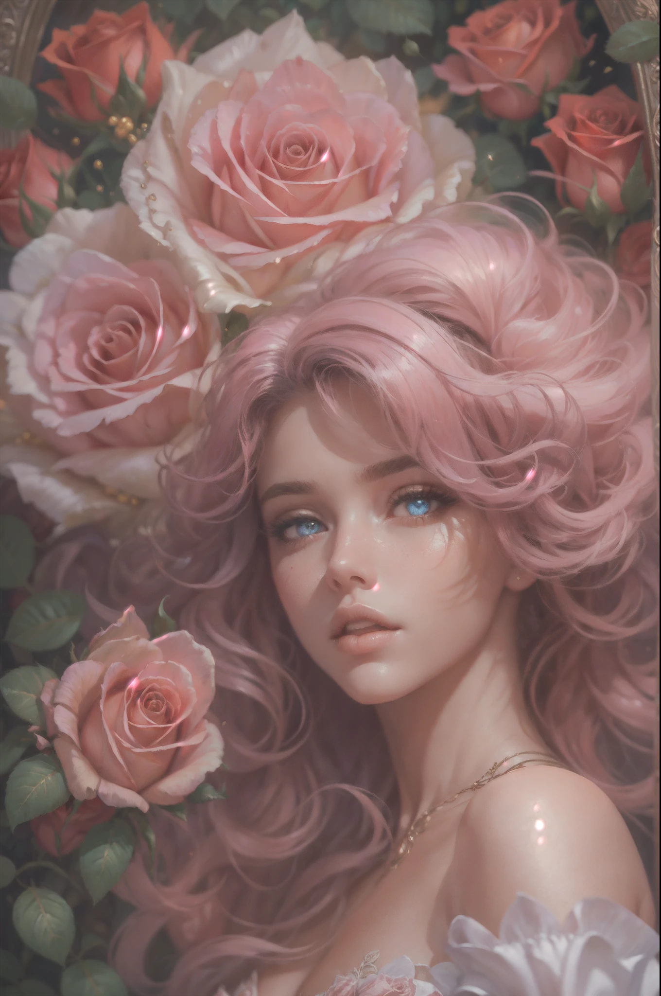 This is realistic fantasy artwork set in the castle's enchanted rose garden. Generate a proud woman with a highly detailed face dressed in the billowing folds of a stunning French silk ballgown. The woman's sweet face is ((((highly detailed, with realistic features and soft, puffy lips.))))  The ballgown is embellished with ruffles, sashes, and bows and a delicately, but intricately, hand-embroidered bodice. The corset features silk ribbon. The woman's stunning eyes are beautifully detailed, featuring realistic shading and multiple colors and high resolution. The woman is in a garden of eternal roses, each one beautifully formed and highly detailed. These realistic roses feature shimmering shades of pink, yellow, orange, and glimmering red. The eternal rose is a deep shade of red with shimmering pink overtones and undertones. Ensure that the woman's face, hair, and eyes are perfect. realism, high fantasy, whimsical fantasy, storybook fantasy, fairytale fantasy, fantasy details, enchanting, bewitching, 8k, hires, cgi, digital painting, unity, unreal engine, (((masterpiece))), intricate, elegant, highly detailed, majestic, digital photography, art by artgerm and ruan jia and greg rutkowski, (masterpiece, finely detailed beautiful eyes: 1.2), hdr, realistic skin texture, (((1woman))), (((solo))), Include a highly detailed face, extremely detailed face, and interesting background.