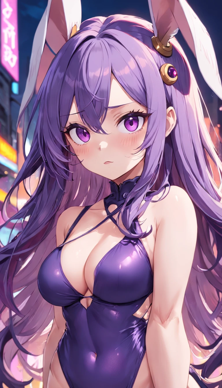 nsfw, ribs, large breasts, hair between eyes, wavy hair, purple hair, hairclip, slit pupils, purple eyes, cross-eyed, bunny girl, thumbs up,