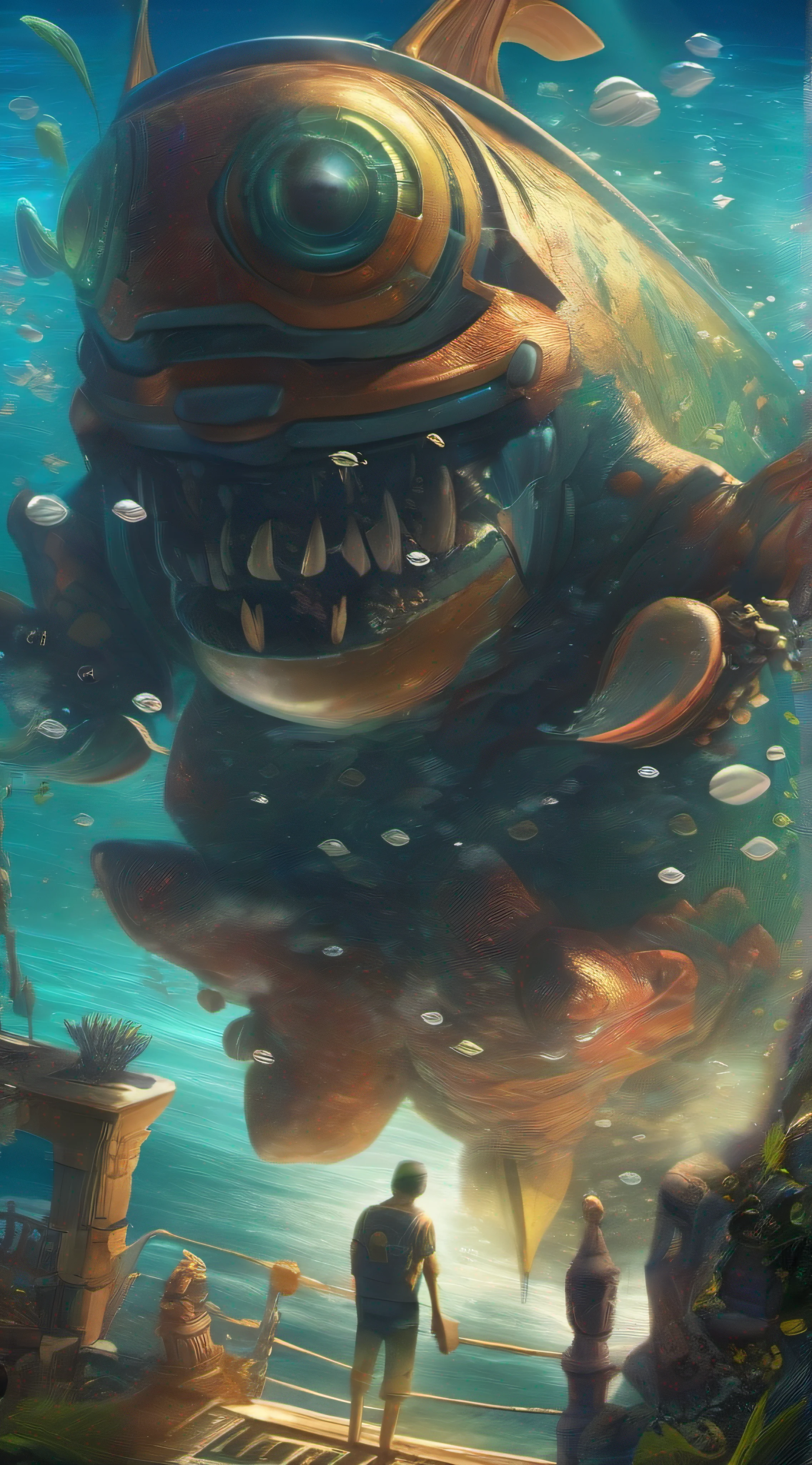 Demon in the ocean surrounded by sea life. Perfect anatomy.