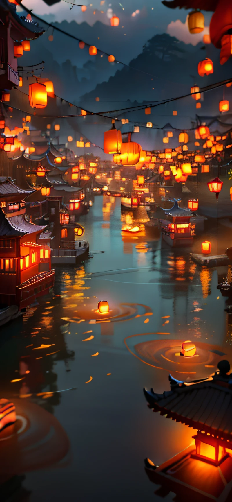 Night view of floating lanterns over the river, dreamy Chinese towns, Rosla global lighting, Glowing lights! Digital painting, floating chinese lampoons, Floating lanterns, evening lanterns, Beautiful digital artwork, ross tran. scenery background, matte painting arcane dota pixar, Floating lights, japanese town, Epic concept art. Bokeh, Global illumination. vfx