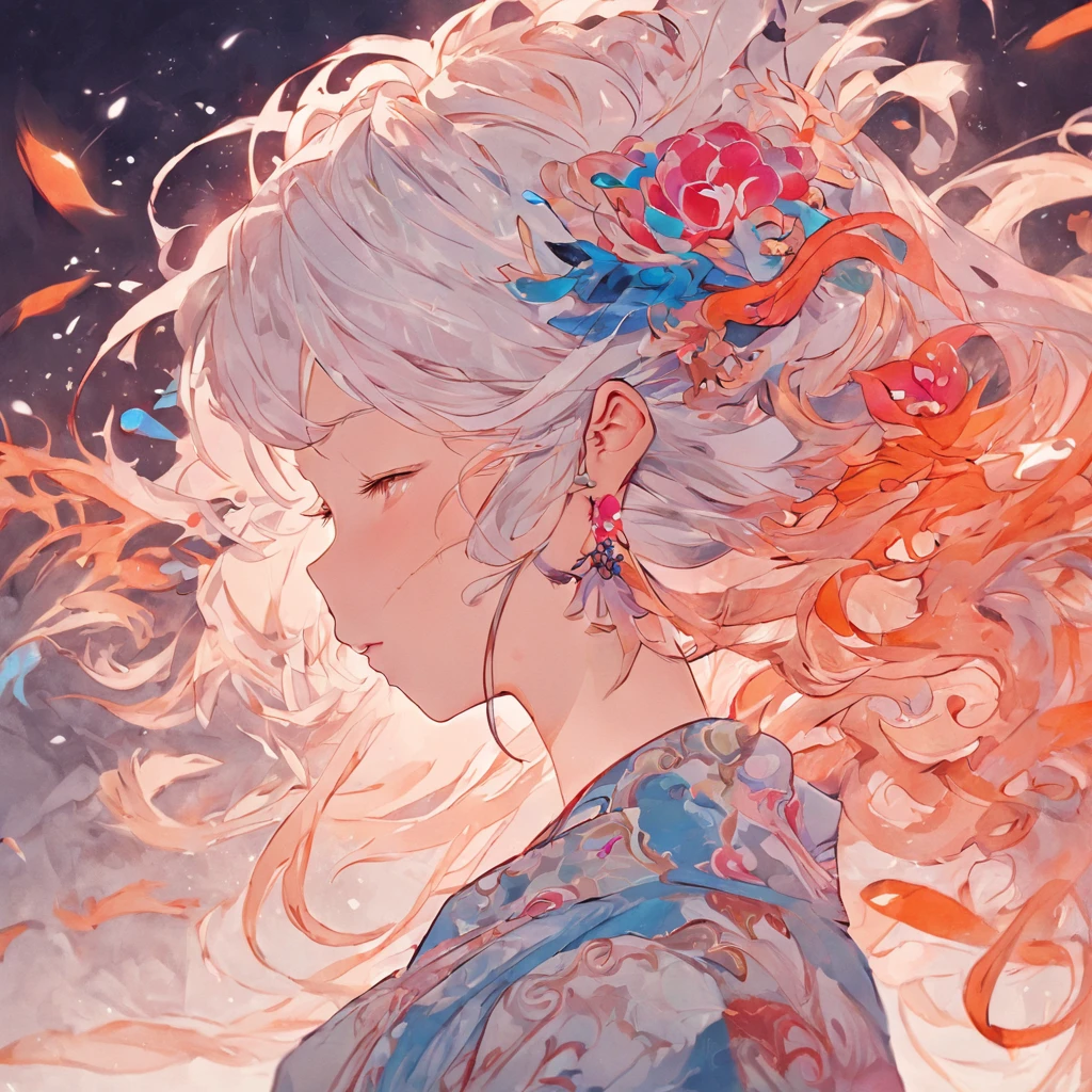 (White background:1.4),(Silhouette of a girl's head, Eyes closed, colorfull long hair, Oriental elements),(Chinese illustration:1.3,paper art:1.3, Quilted paper art:1.2),( reasonable design, Clear lines, High sharpness,Best quality, Very detailed, Masterpiece, movie light effect, 4K )