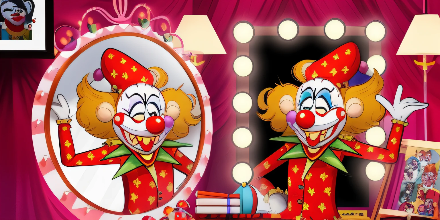 Cartoon clown in front of the mirror,There are lights and mirrors behind you, cutecore clowncore, Bozo the clown. Circus motif, Bozo the clown. Clown pattern, clown world, Circus clown, Pauline Hansen as Joker, comical, the clown is far from the camera, Cartoon illustration, wearing accurate clown makeup, A bunch of circus clowns