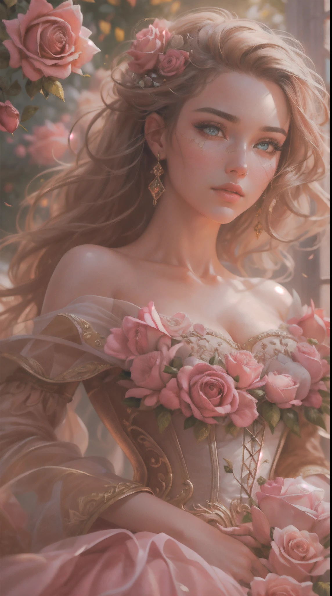 This is realistic fantasy artwork set in the castle's enchanted rose garden. Generate a proud woman with a highly detailed face dressed in the billowing folds of a stunning French silk ballgown. The woman's sweet face is ((((highly detailed, with realistic features and soft, puffy lips.))))  The ballgown is embellished with ruffles, sashes, and bows and a delicately, but intricately, hand-embroidered bodice. The corset features silk ribbon. The woman's stunning eyes are beautifully detailed, featuring realistic shading and multiple colors and high resolution. The woman is in a garden of eternal roses, each one beautifully formed and highly detailed. These realistic roses feature shimmering shades of pink, yellow, orange, and glimmering red. The eternal rose is a deep shade of red with shimmering pink overtones and undertones. Ensure that the woman's face, hair, and eyes are perfect. realism, high fantasy, whimsical fantasy, storybook fantasy, fairytale fantasy, fantasy details, enchanting, bewitching, 8k, hires, cgi, digital painting, unity, unreal engine, (((masterpiece))), intricate, elegant, highly detailed, majestic, digital photography, art by artgerm and ruan jia and greg rutkowski, (masterpiece, finely detailed beautiful eyes: 1.2), hdr, realistic skin texture, (((1woman))), (((solo))), Include a highly detailed face, extremely detailed face, and interesting background.