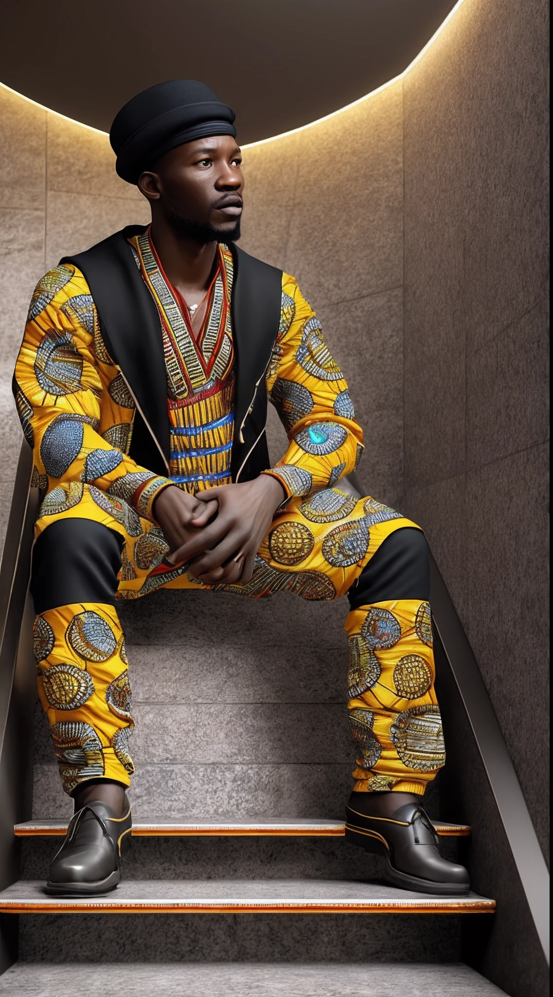 An African man dressed in African clothes sitting on a yellow sphere in a black and white room with abstract shapes and stairs, with iridescent light, highly detailed images, vibrant beautiful colours, photorealistic image, 8k, ultra HD, unreal engine rendered, cinematic lighting, artgerm style, revanimated --auto --s2