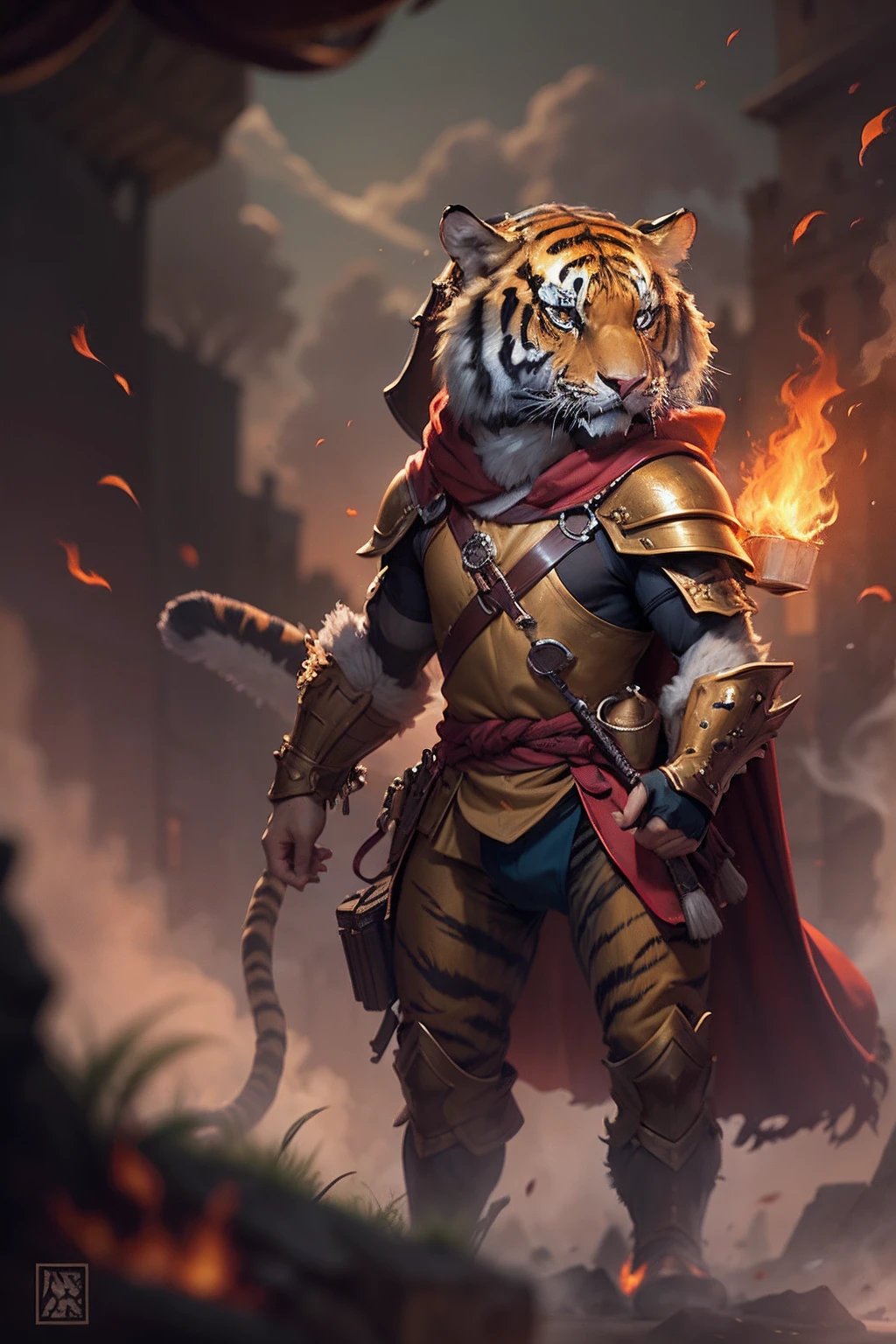 （anthropomorphic turtle），（Tiger Vanguard Warrior：1.4），coda，a tall body，Stout limbs，disdain，ran，tosen，The long hairs of the flame fluttered in the wind，combats，Dynamic lines，Dimly lit battlefield，Ruined castle，（stereoscopic perspective：1.4），Works of masters，super-fine，4K分辨率，high qulity，电影灯光，High picture detail，Detailed pubic hair，Epic shooting，Clearly focused hair，Detailed hair depiction，acurate