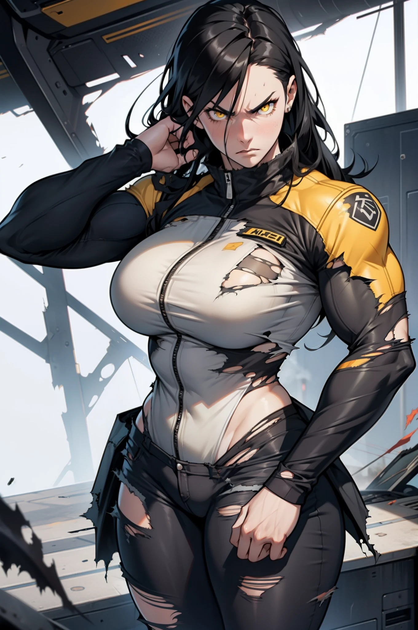 1 girl, black hair, yellow eyes, very long hair, pale skin, curvy, ((((extremely muscular)))), large breasts, (angry), pilot suit, (((torn clothes)))