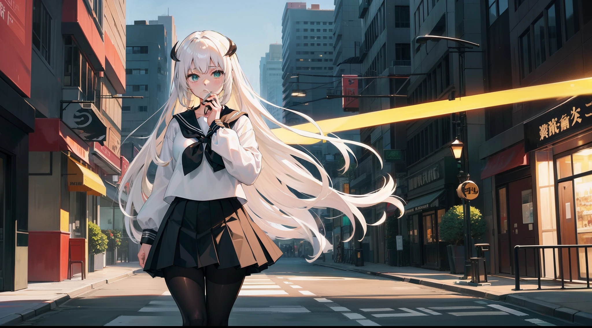 Long white hair, Green eyes, Black pleated skirt,Inside was a white sailor suit,Wearing black pantyhose, Plump body, An anime character, Only one person,Drinking brown drinks on the street
