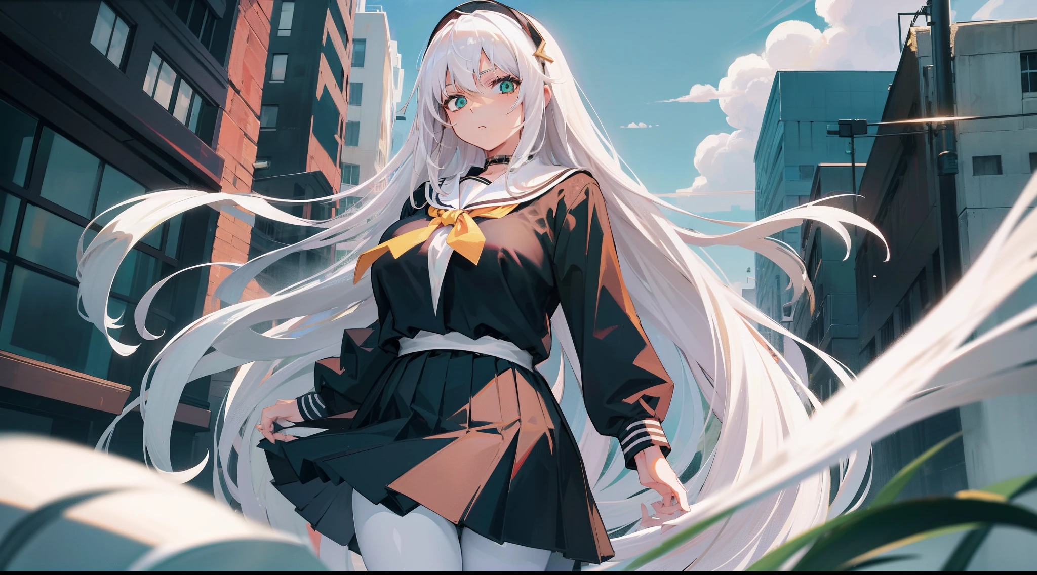 Long white hair, Green eyes, Black pleated skirt，Inside was a white sailor suit，Wearing black pantyhose, Plump body, An anime character, Only one person，Drinking brown drinks on the street