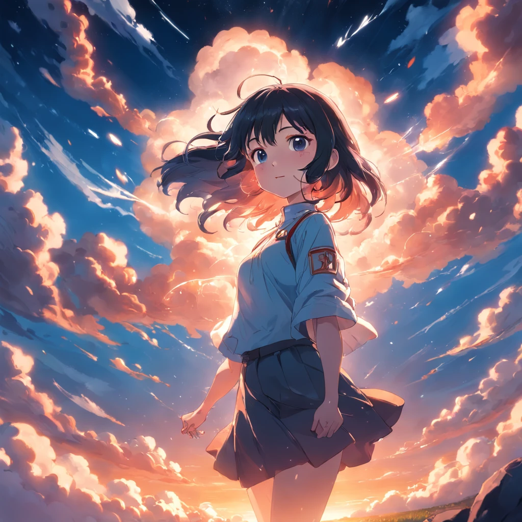 masterpiece, best quality, movie still, 1girl, cloud girl, floating in the sky, close-up, bright, happy, warm soft lighting, sunset, (sparks:0.7)