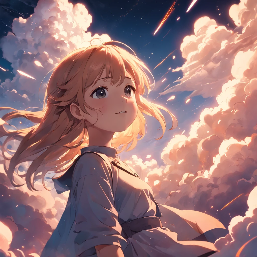 masterpiece, best quality, movie still, 1girl, cloud girl, floating in the sky, close-up, bright, happy, warm soft lighting, sunset, (sparks:0.7)