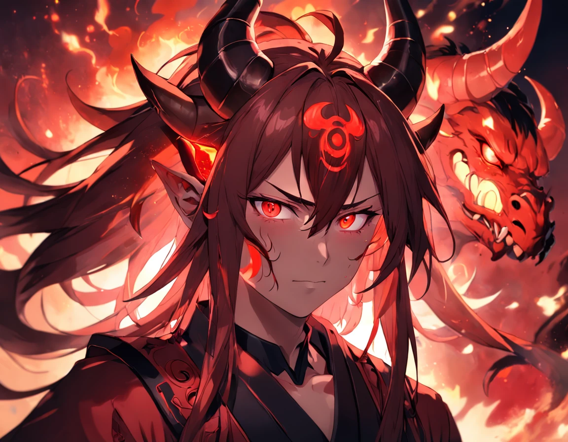 masterpiece, best quality, 1 male, red Oni, long brown hair, two horns coming from his forehead, and glowing red eyes