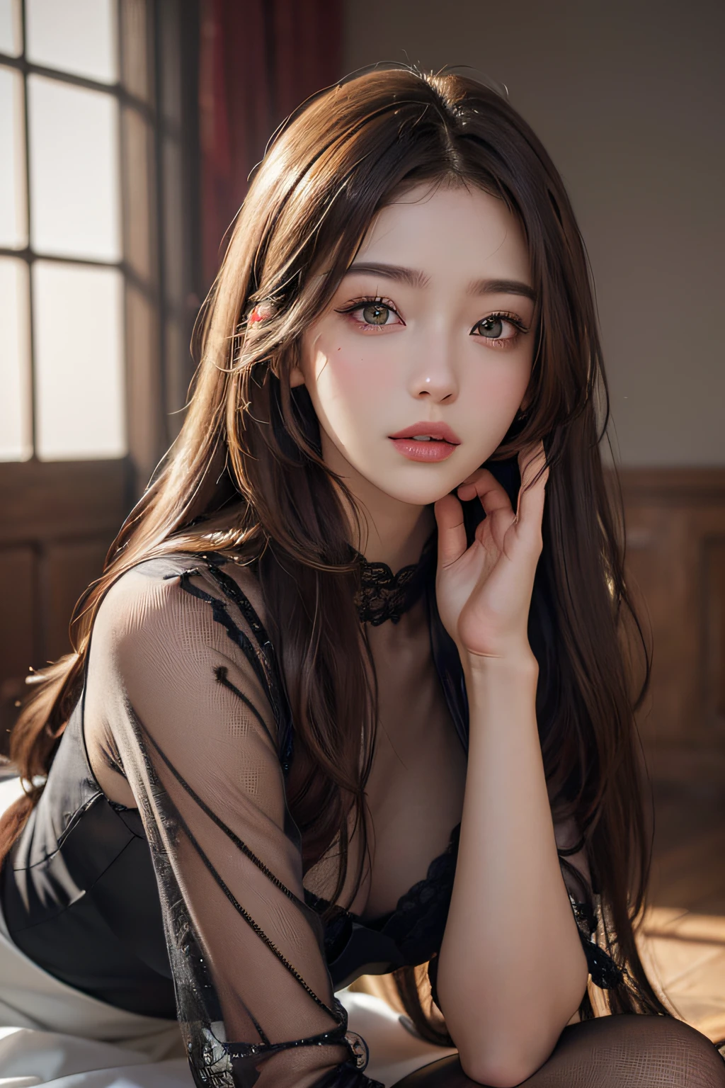 (masuter piece:1.3)、(8K、Photorealsitic、RAW photography、top-quality: 1.4)、(1girl in)、beautiful countenance、(lifelike face)、(brunette color hair、Long:1.3)、Beautiful hairstyle、photorealistic eye、Beautiful details、(real looking skin)、Beautiful skins、fishnet tights、absurderes、enticing、超A high resolution、ultra-realistic realism、high detal、the golden ratio