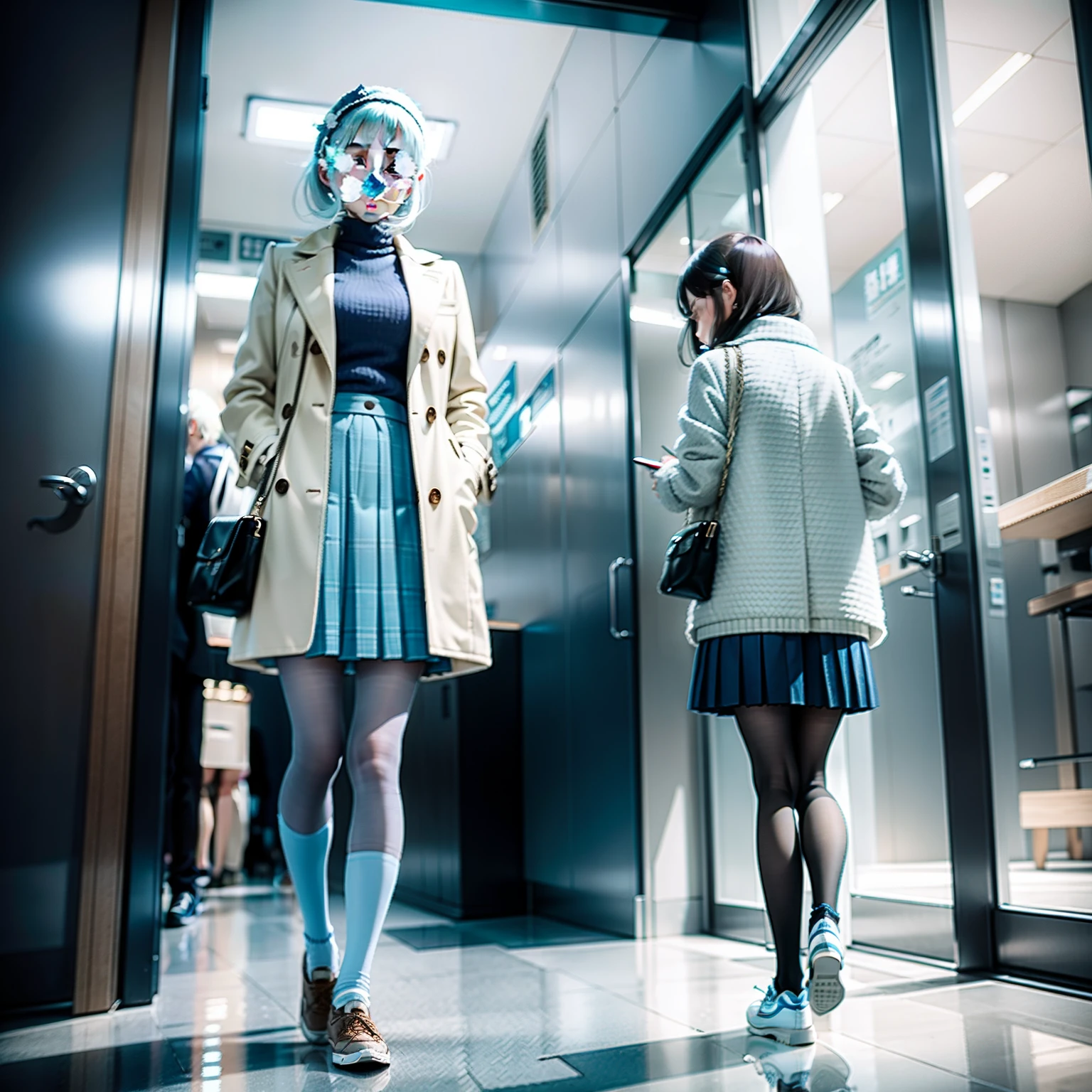 Wearing a pale blue ice cream doll，Long white tweed coat，Pleated skirt and DC casual shoes。A middle-aged girl wearing black pantyhose on her legs