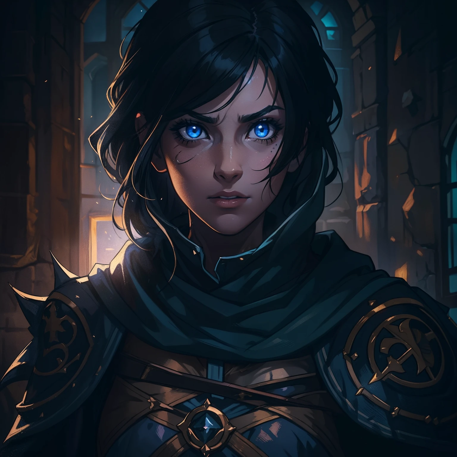 A portrait of a beautiful woman, a warrior with blue eyes and short, black hair with a tattoo on her face, she is wearing combat costumes, costumes for medieval fighting training, she is in a dark room with the moonlight being the only source of light that enters through the window., a well-contrasted image drenched in mystery we can barely see her face through the darkness many well-marked shadows and a special focus on contour lights cinematic lights a dramatic lighting dramatic pose of profile an environment full of magic shadows and mysteries in a medieval art RPG art a detailed and approximate art a medieval RPG art RPG art game art banner art she has a dark aura because she is Evil
