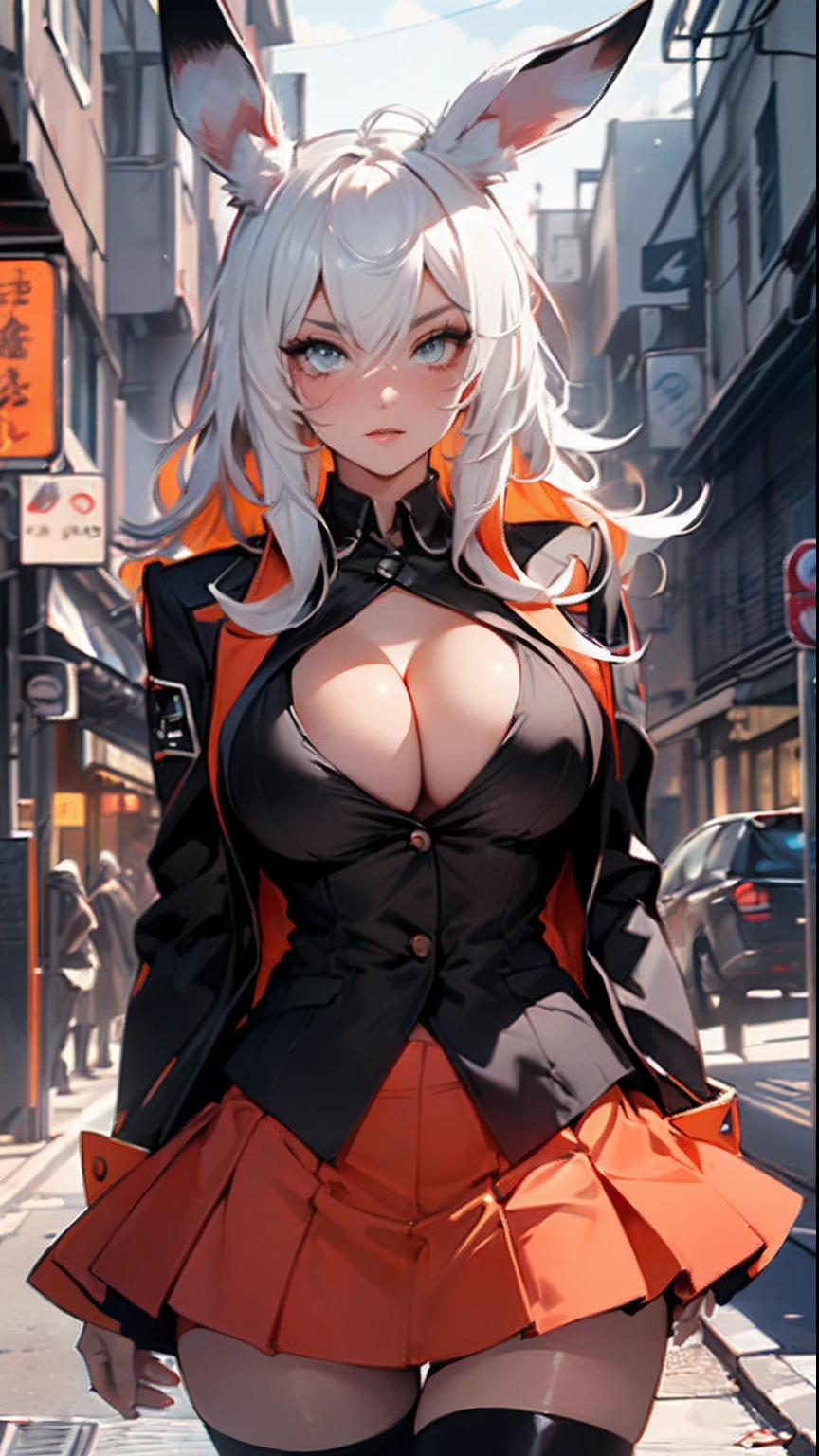 cute bunny girl,(((1girl))),((anime bunny girl with extremely cute and beautiful orange hair walking seductively down the street)),(((bunny girl,anthro furry cute,bunny-girl))),(((bunny ears,bunny ears on head,big bunny ears))),


(large breasts:1.4),saggy breasts,(((red orange:1.35,white lock,colored inner hair,ear breathing,large hair))),((heterochromia, eye1 red, eye2 orange, perfect eyes, upturned eyes:1.3, beautiful detailed eyes, finely detailed beautiful eyes:1, big highlight on eyes:1.2, slanted eyes)), ((fat)),(((lustrous skin:1.5,bright skin: 1.5,skin tanned,shiny skin,very shiny skin,shiny body,plastic glitter skin,exaggerated shiny skin))),(spider lower abdomen,narrow waist,wide hip,athletic body,inflated legs,delicate detailed fingers,detailed body,detailed arms,human hands, detailed hands),

cute,slutty,seductive,erotic,nsfw, 

(((wearing dark red formal blazer, short skirt,))), (((huge cleavage))), (detailed outfit,detailed clothes),

(dynamic pose:1.0), solo focus, embarrassed, centered, scale to fit dimensions, Rule of thirds,

outdoors, ((night view)), (cyberpunk night street Background: 1.5,dark sky,alleyway,lonely alley,thick clouds, detailed background:1.25),

(best quality), (high resolution), (sharp focus), (ultra detailed), (extremely detailed), (extremely high quality artwork), 8k_wallpaper, (extremely detailed CG 8k),(very fine 8K CG), ((hyper super ultra detailed perfect piece)), flawless, (((masterpiece))), illustration, vibrant colors,  (intricate), High contrast, Selective lighting, Double exposure, HDR (High Dynamic Range), Post-processing, Background blur,