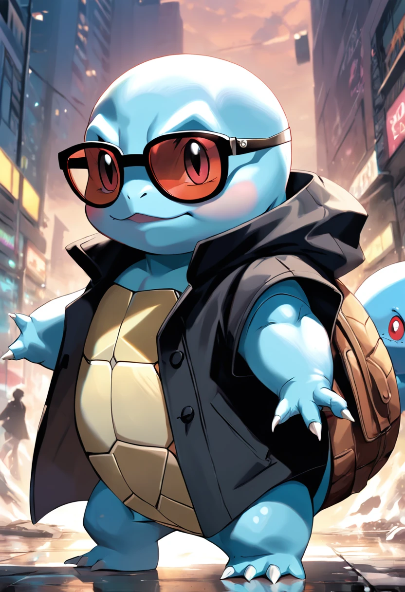 "a detailed artwork of Pokémon Squirtle wearing a black overcoat and sunglasses on his face with a serious expression, Pokémon, 4k, 8k, Full HD, corpo inteiro, Pokémon art style, estilo de desenho hiper-realista, arte de anime limpa e detalhada, Dynamic background."