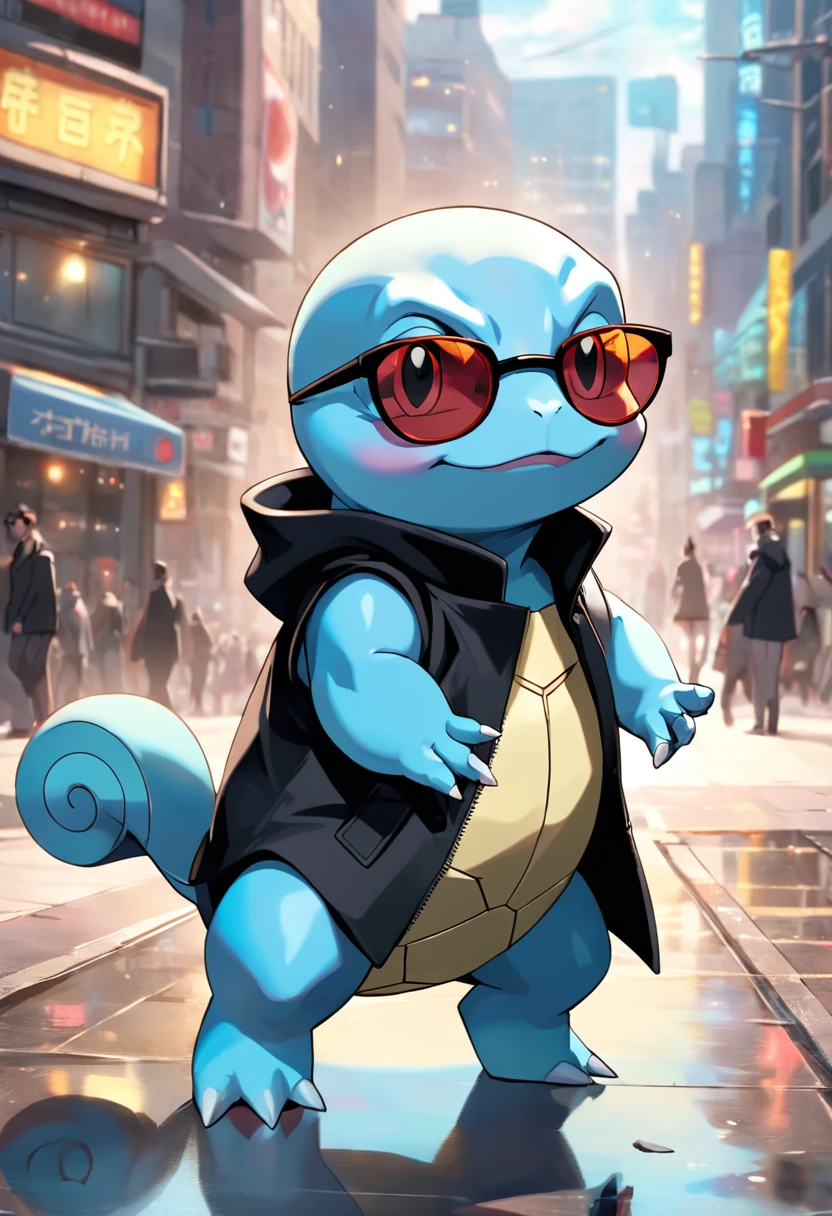 "a detailed artwork of Pokémon Squirtle wearing a black overcoat and sunglasses on his face with a serious expression, Pokémon, 4k, 8k, Full HD, corpo inteiro, Pokémon art style, estilo de desenho hiper-realista, arte de anime limpa e detalhada, Dynamic background."