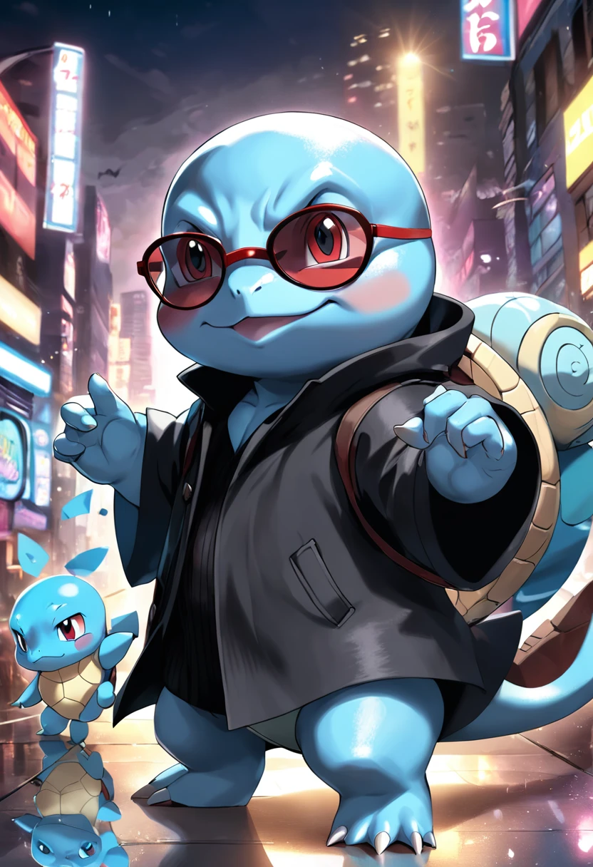 "a detailed artwork of Pokémon Squirtle wearing a black overcoat and sunglasses on his face with a serious expression, Pokémon, 4k, 8k, Full HD, corpo inteiro, Pokémon art style, estilo de desenho hiper-realista, arte de anime limpa e detalhada, Dynamic background."