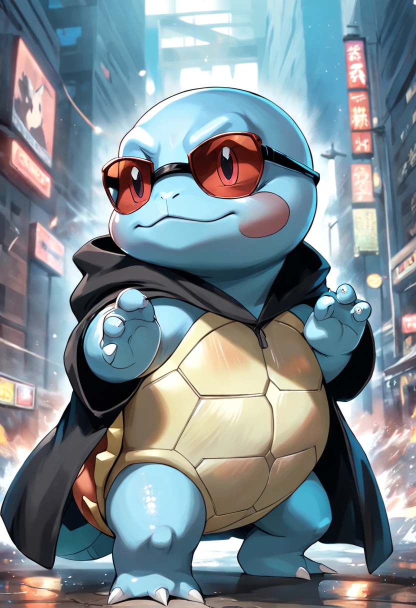 "a detailed artwork of Pokémon Squirtle wearing a black overcoat and sunglasses on his face with a serious expression, Pokémon, 4k, 8k, Full HD, corpo inteiro, Pokémon art style, estilo de desenho hiper-realista, arte de anime limpa e detalhada, Dynamic background."