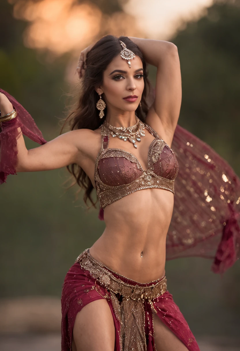 bellydancer, roupas de belly dance tradicional, pele bronzeada, Epic and dynamic pose, noite, ambiente externo, luzes baixas, lightnings, cerejeira,