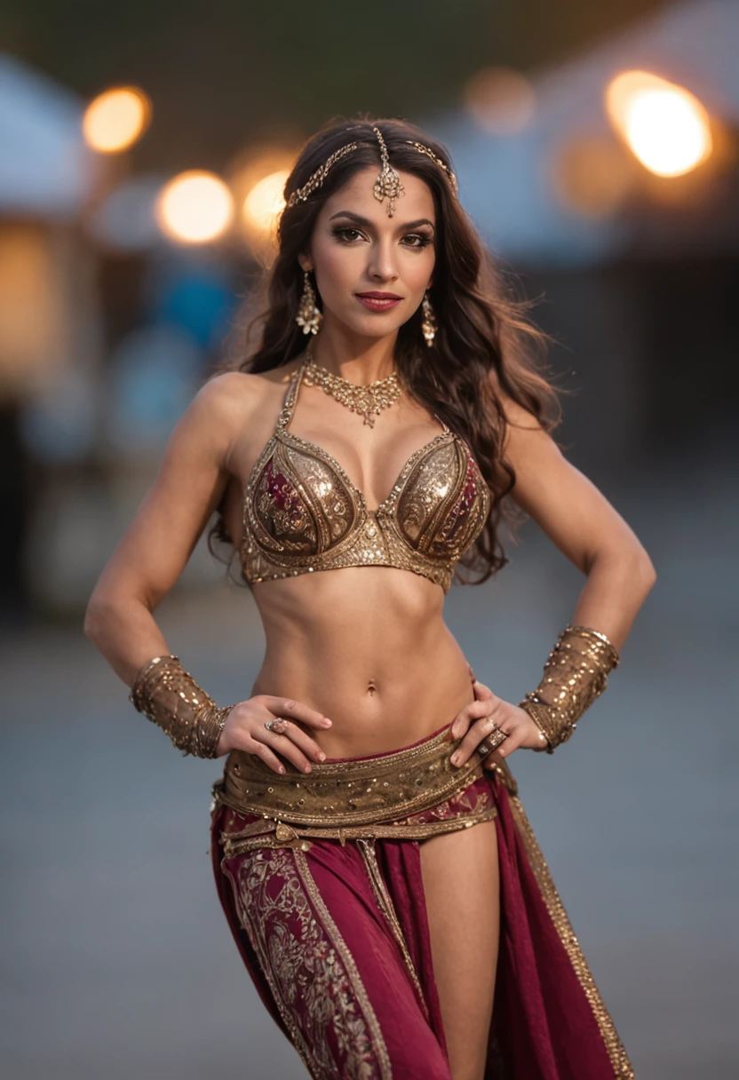 bellydancer, roupas de belly dance tradicional, pele bronzeada, Epic and dynamic pose, noite, ambiente externo, luzes baixas, lightnings, cerejeira,