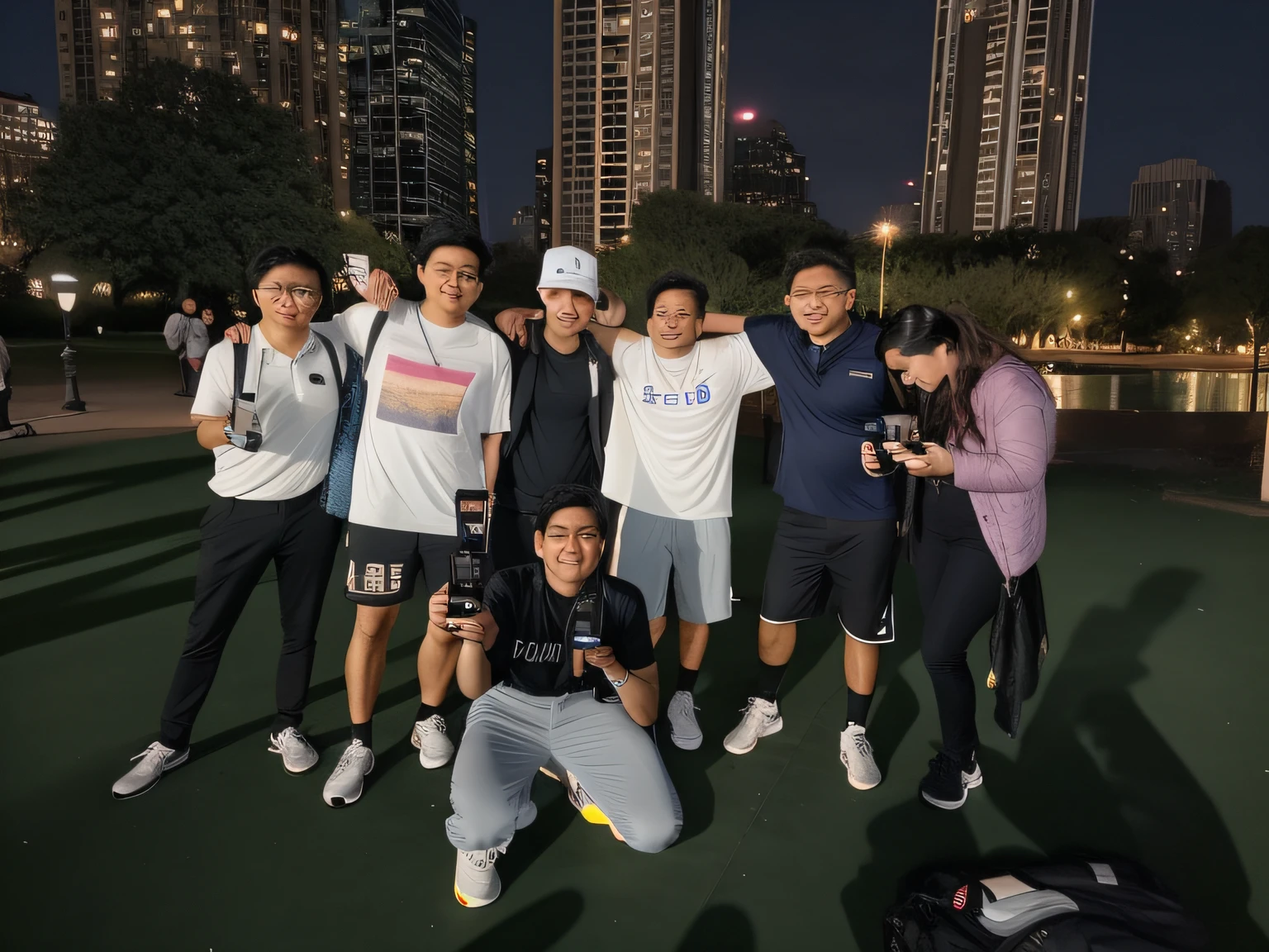 Several people took photos in the park at night, 2 0 2 2 photo, Group photo, taken with sony alpha 9, taken on iphone 1 3 pro, SSAO 8 K, low quality photo, shot on iphone 1 3 pro max, wining, competition winning, taken on iphone 14 pro, 8k selfie photograph