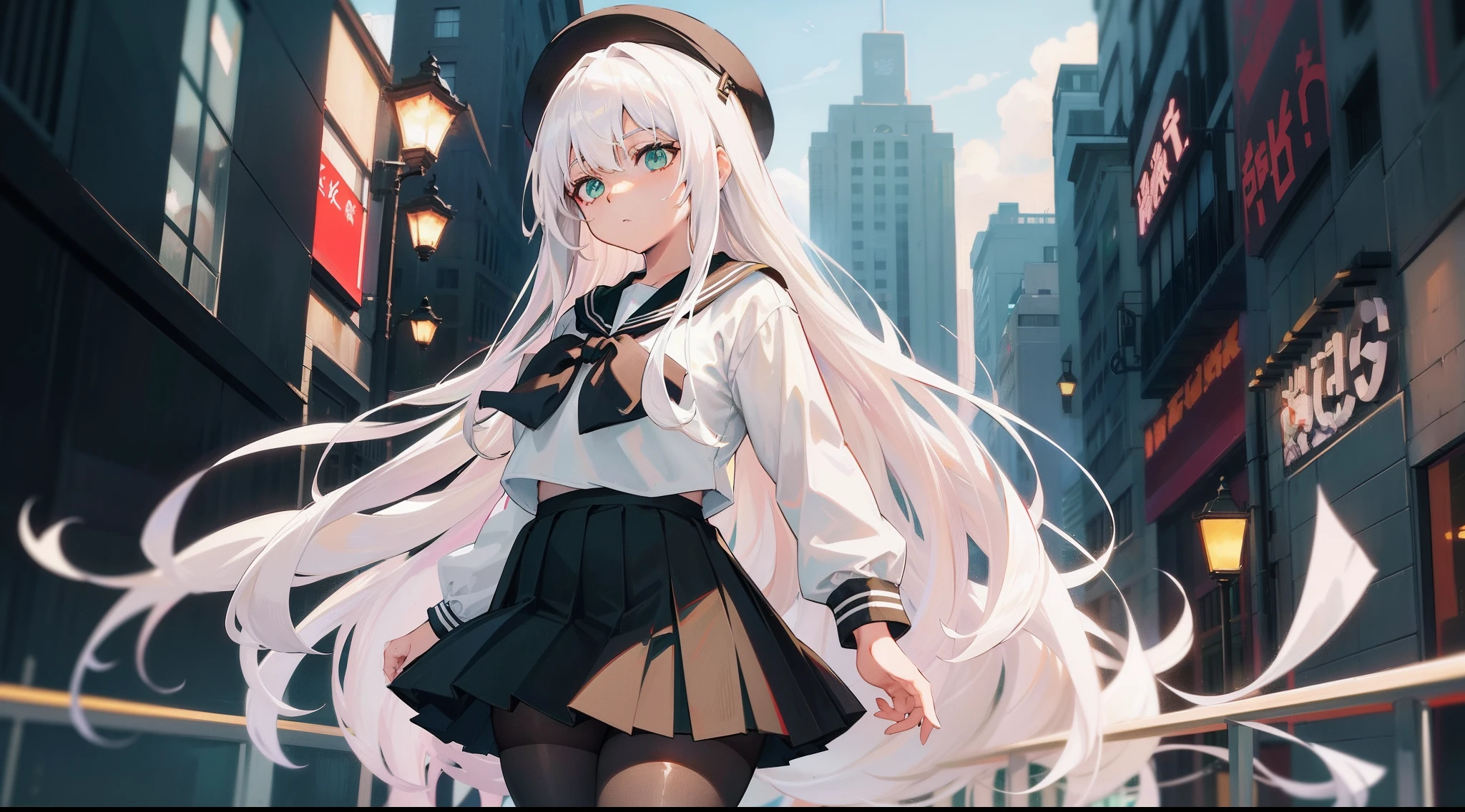 Long white hair, Green eyes, Black pleated skirt，Inside was a white sailor suit，Wearing black pantyhose, Plump body, An anime character, Only one person，Drinking brown drinks on the street