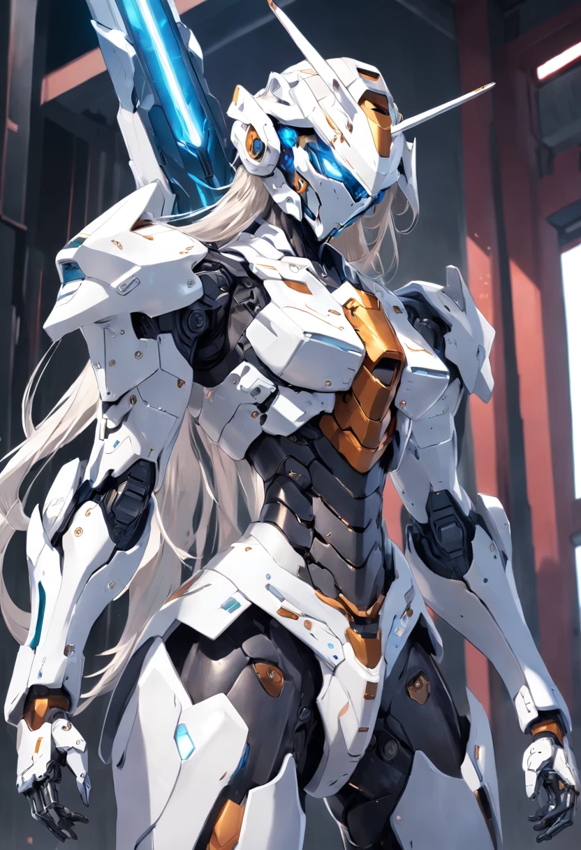 A close-up of a person in a suit with a sword, female mecha, raiden metal gear, ferra white mecha, girl in mecha cyber armor, High quality digital concept art, epic sci-fi character art, epic scifi character art, Mechanized Valkyrie girl, ethereal and mecha theme, anime mecha aesthetic,stand posture
