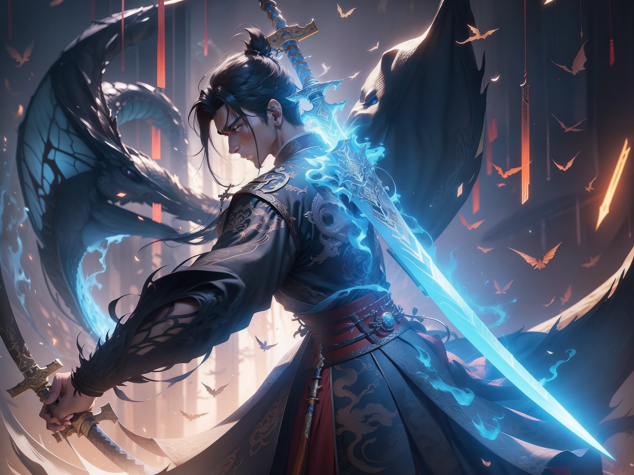 Close-up of a man holding a sword close to a dragon, xianxia hero, From Arknights, by Yang J, yiqiang and shurakrgt, xianxia fantasy, Chiba Yuda, Wuxia, drak, Keqing from Genshin Impact, author：Qu Leilei, Xianxia