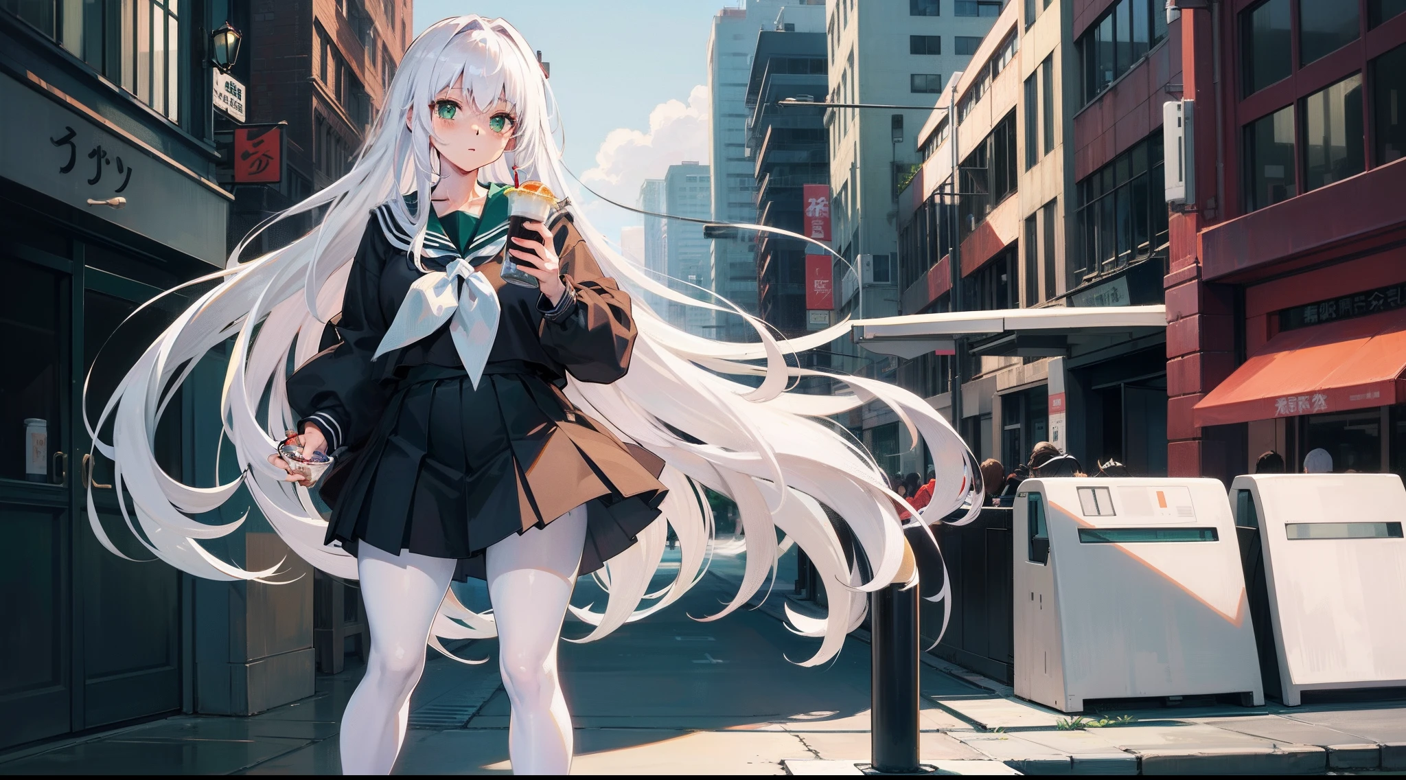 Long white hair, Green eyes, Black pleated skirt,Inside was a white sailor suit,Wearing black pantyhose, Plump body, An anime character, Only one person,Drinking brown drinks on the street