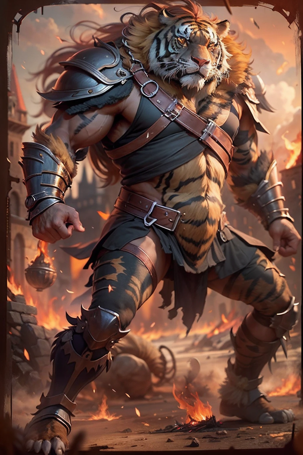 (anthropomorphic turtle),(Tiger head warrior:1.4),coda,a tall body,Stout limbs,disdain,ran,tosen,The long hairs of the flame fluttered in the wind,combats,Dynamic lines,Dimly lit battlefield,Ruined castle,(stereoscopic perspective:1.4),Works of masters,super-fine,4K分辨率,high qulity,电影灯光,High picture detail,Detailed pubic hair,Epic shooting,Clearly focused hair,Detailed hair depiction,acurate