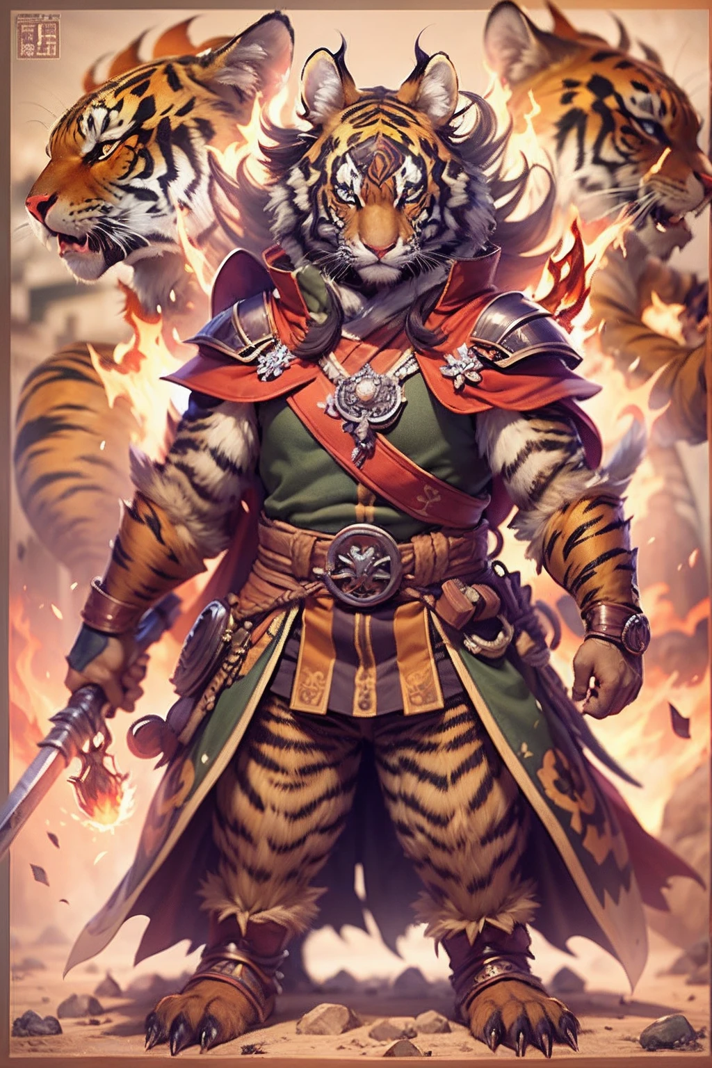 (anthropomorphic turtle),(Tiger head warrior:1.4),coda,a tall body,Stout limbs,disdain,ran,tosen,The long hairs of the flame fluttered in the wind,combats,Dynamic lines,Dimly lit battlefield,Ruined castle,(stereoscopic perspective:1.4),Works of masters,super-fine,4K分辨率,high qulity,电影灯光,High picture detail,Detailed pubic hair,Epic shooting,Clearly focused hair,Detailed hair depiction,acurate