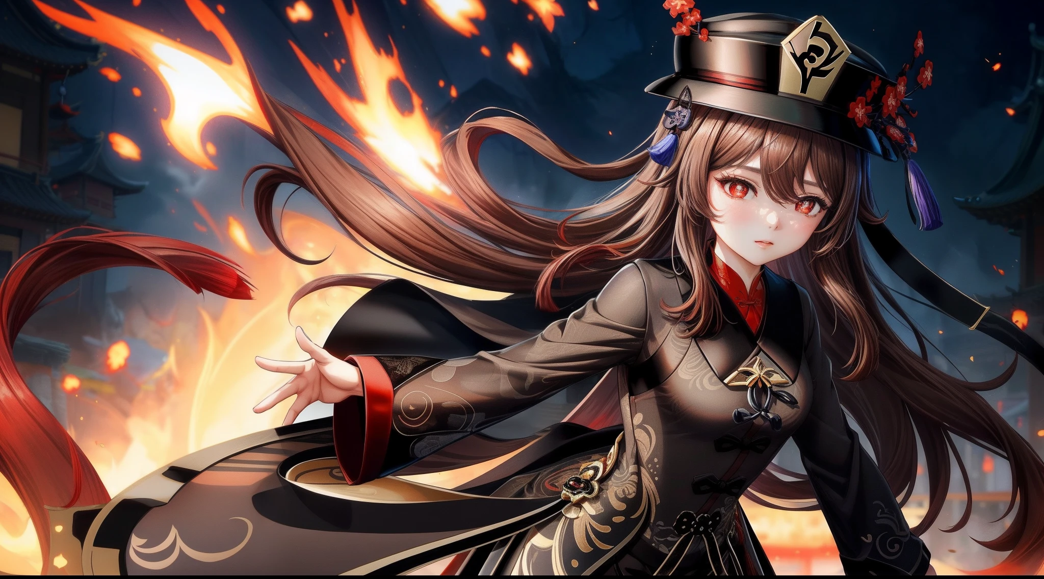 1girl, (hu tao genshin impact), adult body, focused upper body, realistic, (brown hair and black hat), red pupils, standing pose, (black chinese suit),