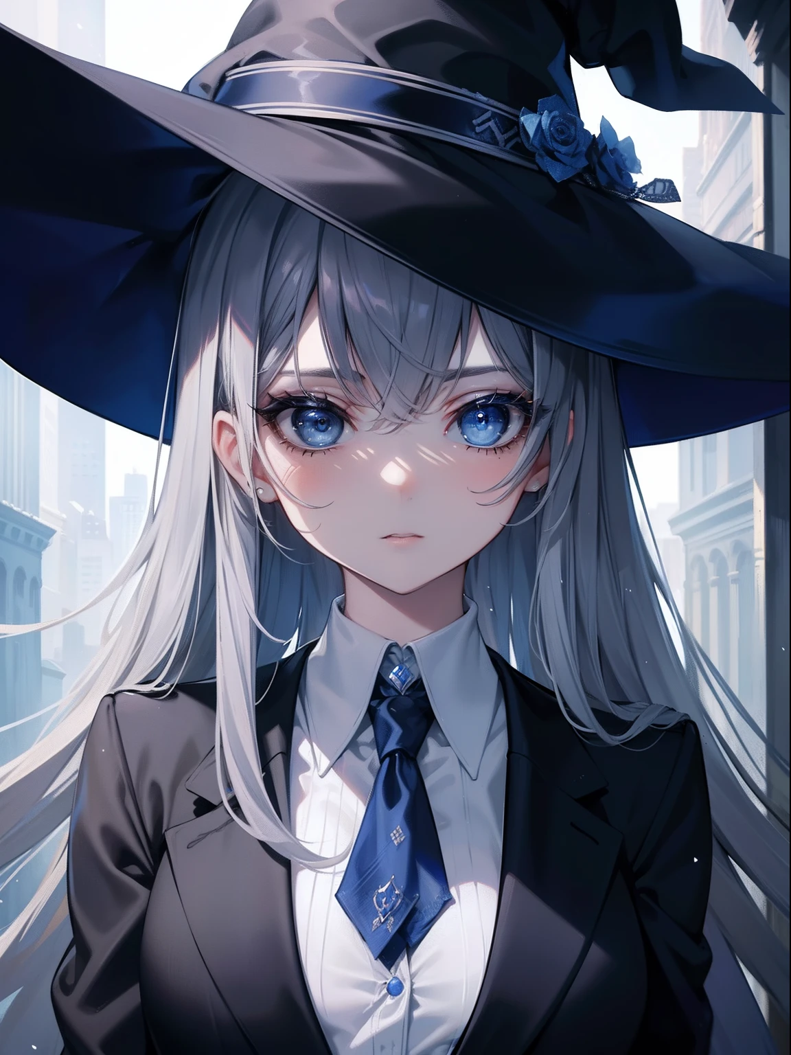 (Masterpiece, Best quality, ultra-high resolution),1girl,business suit, witch hat,, beautiful and detailed face, detailed eyes,((gray and blue theme)),