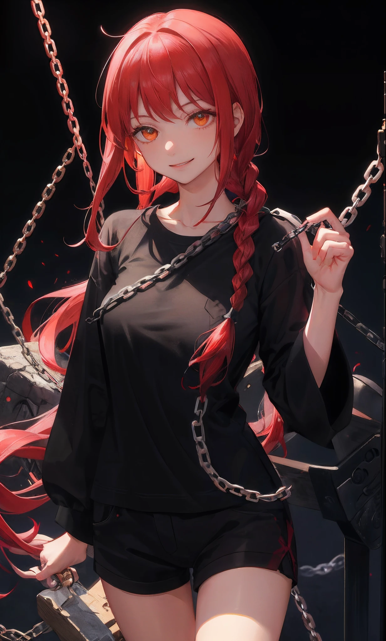 (Masterpiece), (Best Quality), Best Quality, Ultra Detailed, One Girl, Solo, Standing, Red Hair, Long Braided Hair, Golden Eyes, Tied Up \(Nonsexual\), Bangs, Middle Chest, Staring, Smile, (Evil:1.2), Look at Audience, (Interview:1.3), (Dark Background, Chain:1.3), nightwear,