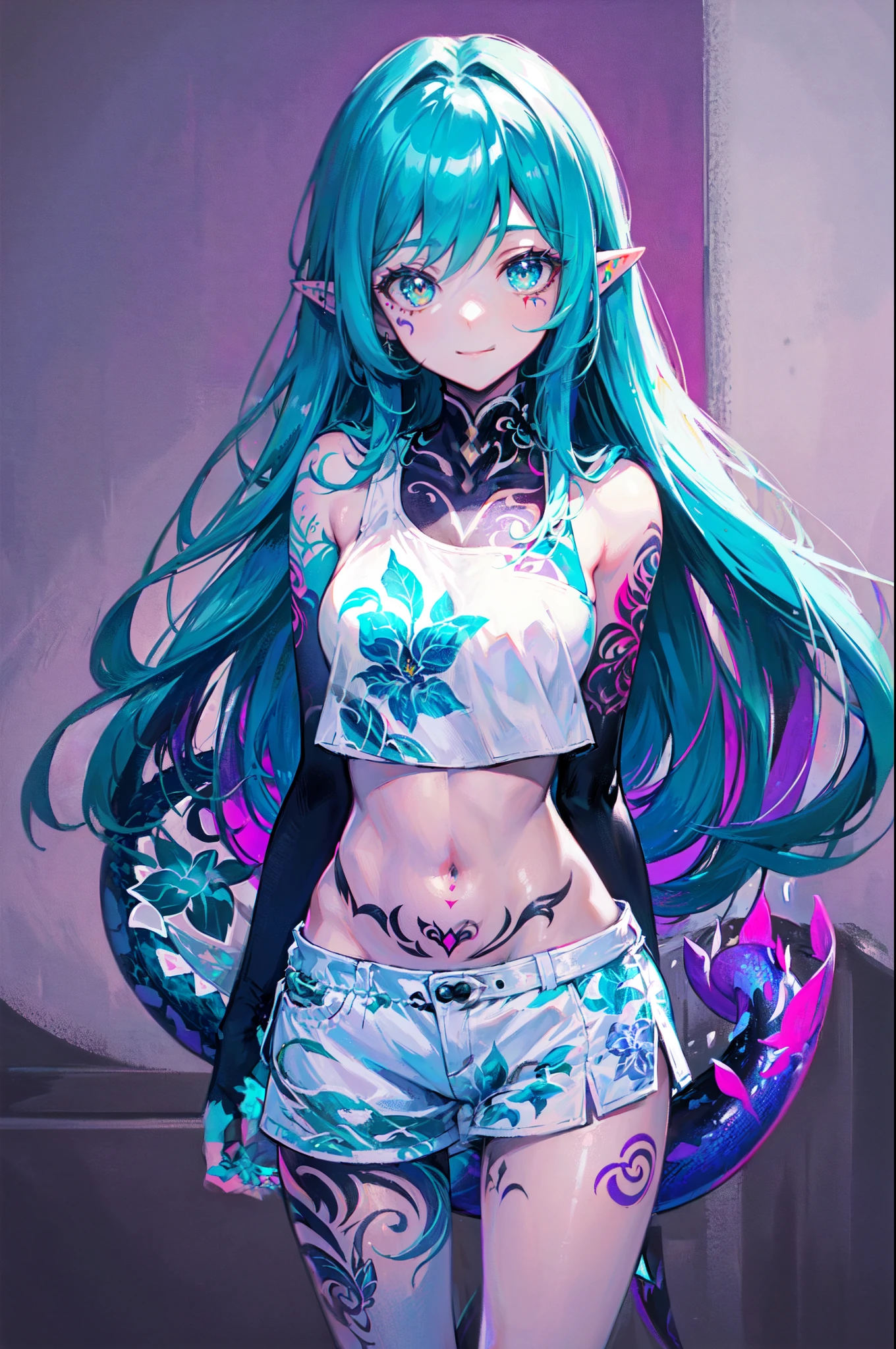 1girl, solo, cyan hair, light blue hair, very long hair, green eyes, small breasts, crop top, white top, navel, white shorts, (lizard tail, calango tail:1.25), pointy ears, (red tattoos, purple tattoos, tattoos all over her body:1.23), standing, smiling, closed mouth, arms behind back, close-up, portrait, zoom in, transparent background, white background, ((masterpiece, best quality, limited palette))