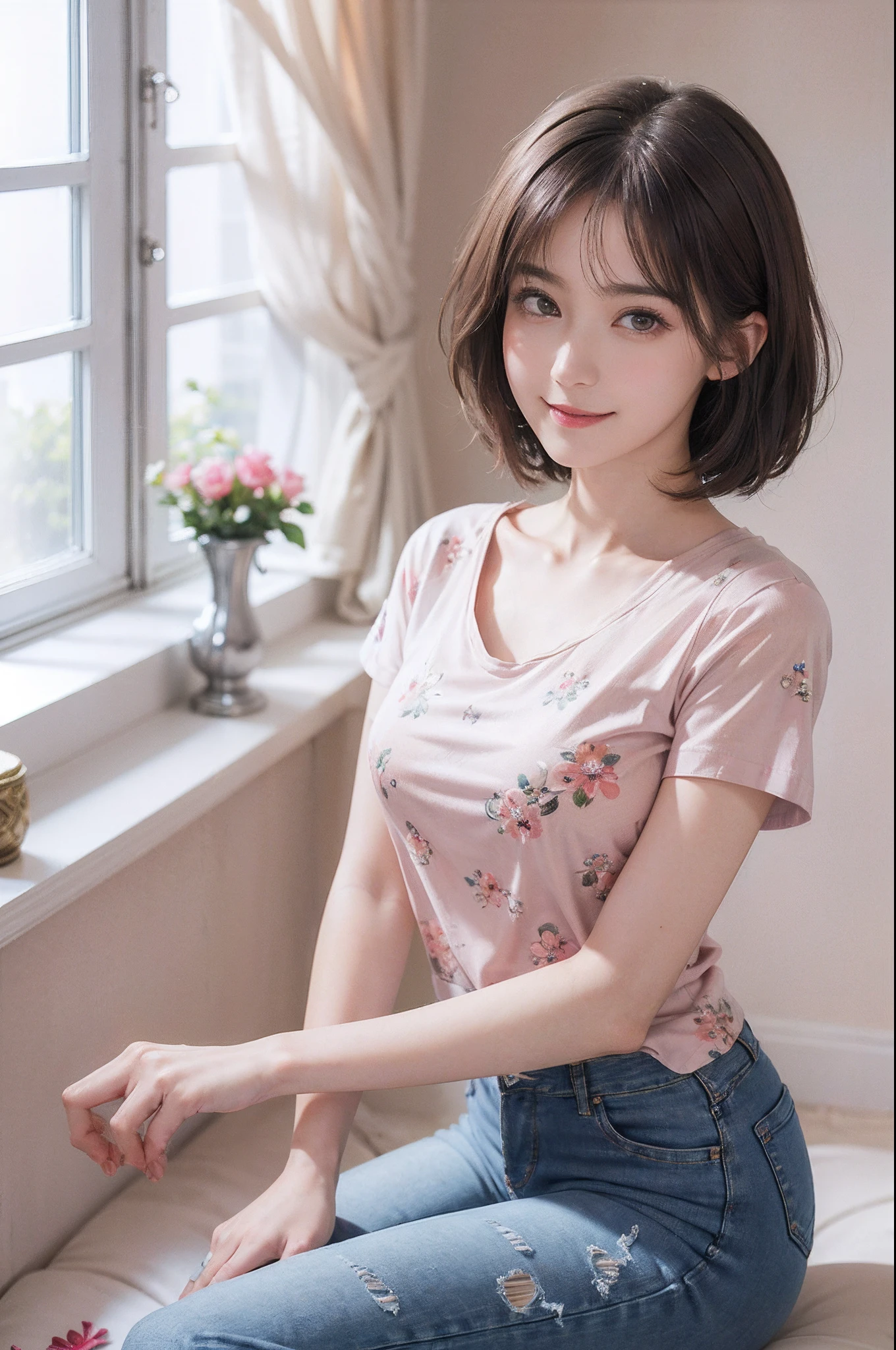 (masutepiece)、(Photorealsitic、Raw photography、top-quality: 1.4)、(1womanl)、(Breast)、((Floral T-shirt))、((In jeans))、Beautiful expression、((A slight smil))、(A dark-haired、short-hair:1.3)、Beautiful hairstyle、realisticeyes、Beautiful details、(real looking skin)、Beautiful skins、enticing、超A high resolution、A hyper-realistic、high-detail、the golden ratio、((The windowsill in a luxurious room))