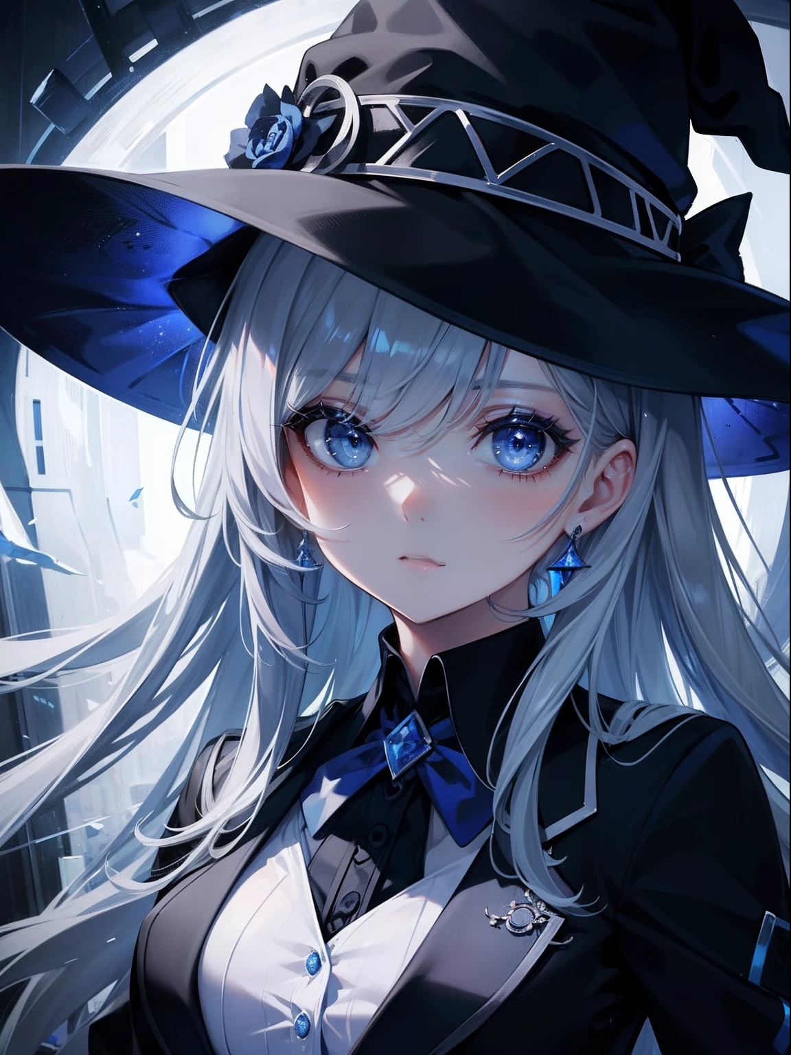 (Masterpiece, Best quality, ultra-high resolution),1girl,business suit, witch hat,, beautiful and detailed face, detailed eyes,((gray and blue theme)),