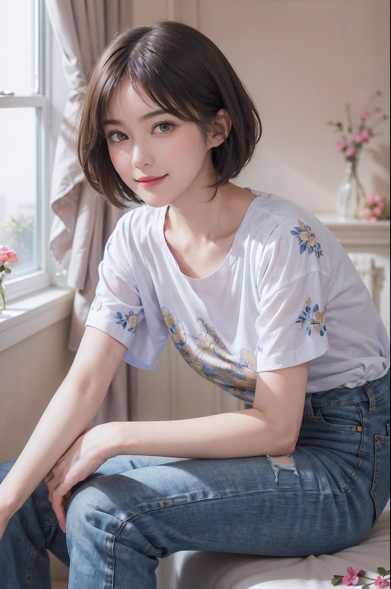 ,Smile,{{Best Quality}}, {{super detailed}},One girl,Downturned eyes,G Cup Breasts,drooping eyes ,Cute girl with black bob cut hairstyle and white marble glowing skin,,Cute Girl,Oval face shape ,slender,The whole body got wet,Hair got wet,bloodshot eyes,a sultry,Detailed portrait of the perfect lovely girl, slim, Face , Futuristic , Teen, kwak jung, Dreamy, Black eyes, Cinematic lighting, Innocent, Highly detailed, Sharp Focus, Smooth, art stations, Convoluted,Ballet dancer ,awardwinning, Pure aura, Anime, Highly detailed CG Unity 8k wallpaper of girl with perfect symmetrical confident face with black mid-cut hairstyle and blushing cheeks , taken by Canon EOS, Sigma Art Lens 28mm f4, ISO 200 Shutter Speed 2000