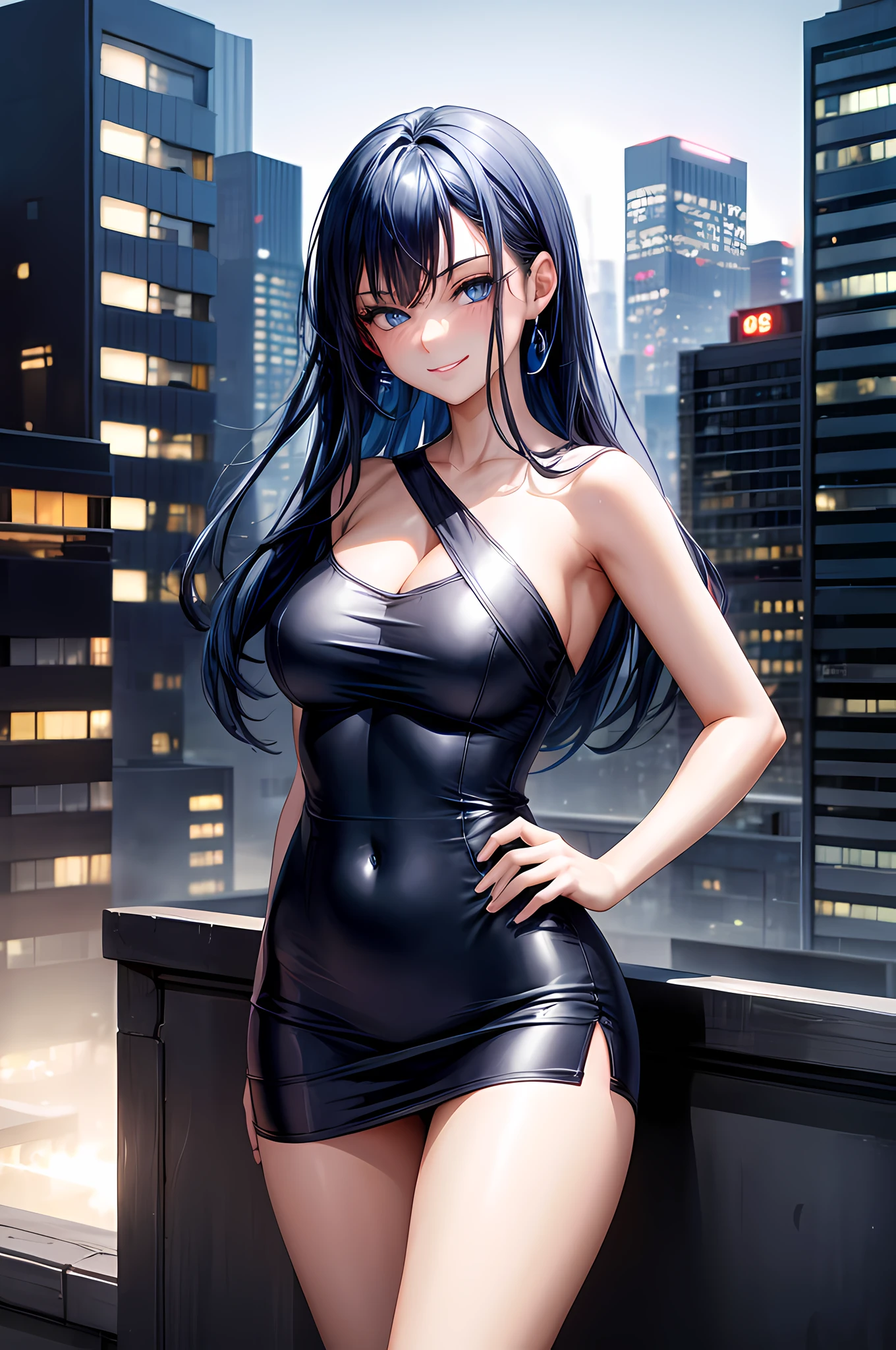 1girl, sexy, smirking, dark blue hair, blue eyes, wearing a blue casual outfit, sexy outfit, city night, on building roof top, absurdes, high res, ultrasharp, 8K, masterpiece