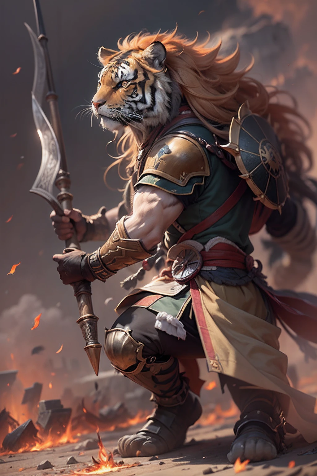 (anthropomorphic turtle),(Tiger head warrior:1.4),coda,a tall body,Stout limbs,disdain,ran,tosen,The long hairs of the flame fluttered in the wind,combats,Dynamic lines,Dimly lit battlefield,Ruined castle,(stereoscopic perspective:1.4),Works of masters,super-fine,4K分辨率,high qulity,电影灯光,High picture detail,Detailed pubic hair,Epic shooting,Clearly focused hair,Detailed hair depiction,acurate