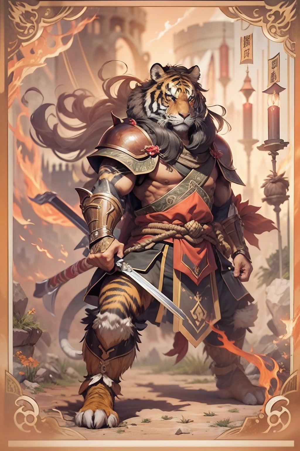 (anthropomorphic turtle),(Tiger head warrior:1.4),coda,a tall body,Stout limbs,disdain,ran,tosen,The long hairs of the flame fluttered in the wind,combats,Dynamic lines,Dimly lit battlefield,Ruined castle,(stereoscopic perspective:1.4),Works of masters,super-fine,4K分辨率,high qulity,电影灯光,High picture detail,Detailed pubic hair,Epic shooting,Clearly focused hair,Detailed hair depiction,acurate