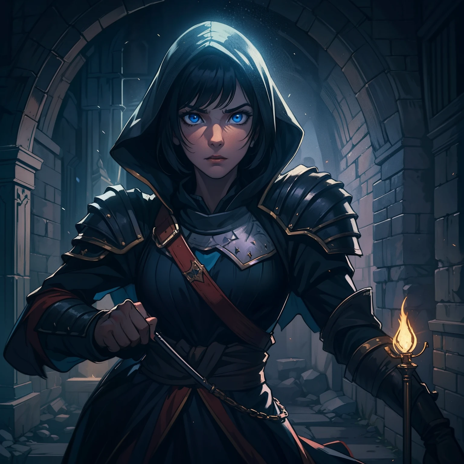 A portrait of a beautiful woman, a warrior with blue eyes and short, black hair wearing combat costumes, costumes for medieval fighting training, she is in a dark room, with moonlight being the only source of light coming in through the window., a well-contrasted image drenched in mystery we can barely see her face through the darkness many well-marked shadows and a special focus on contour lights cinematic lights a dramatic lighting dramatic pose of profile an environment full of magic shadows and mysteries in a medieval art RPG art a detailed and approximate art a medieval RPG art RPG art game art banner art she has a dark aura because she is Evil