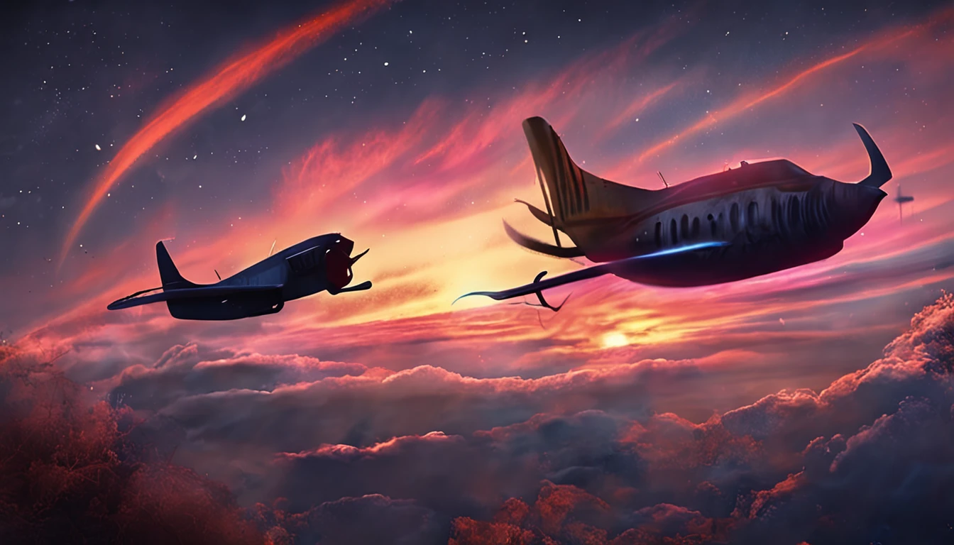 eventide,Look at the sky with your back to the camera,There is an airplane next to it