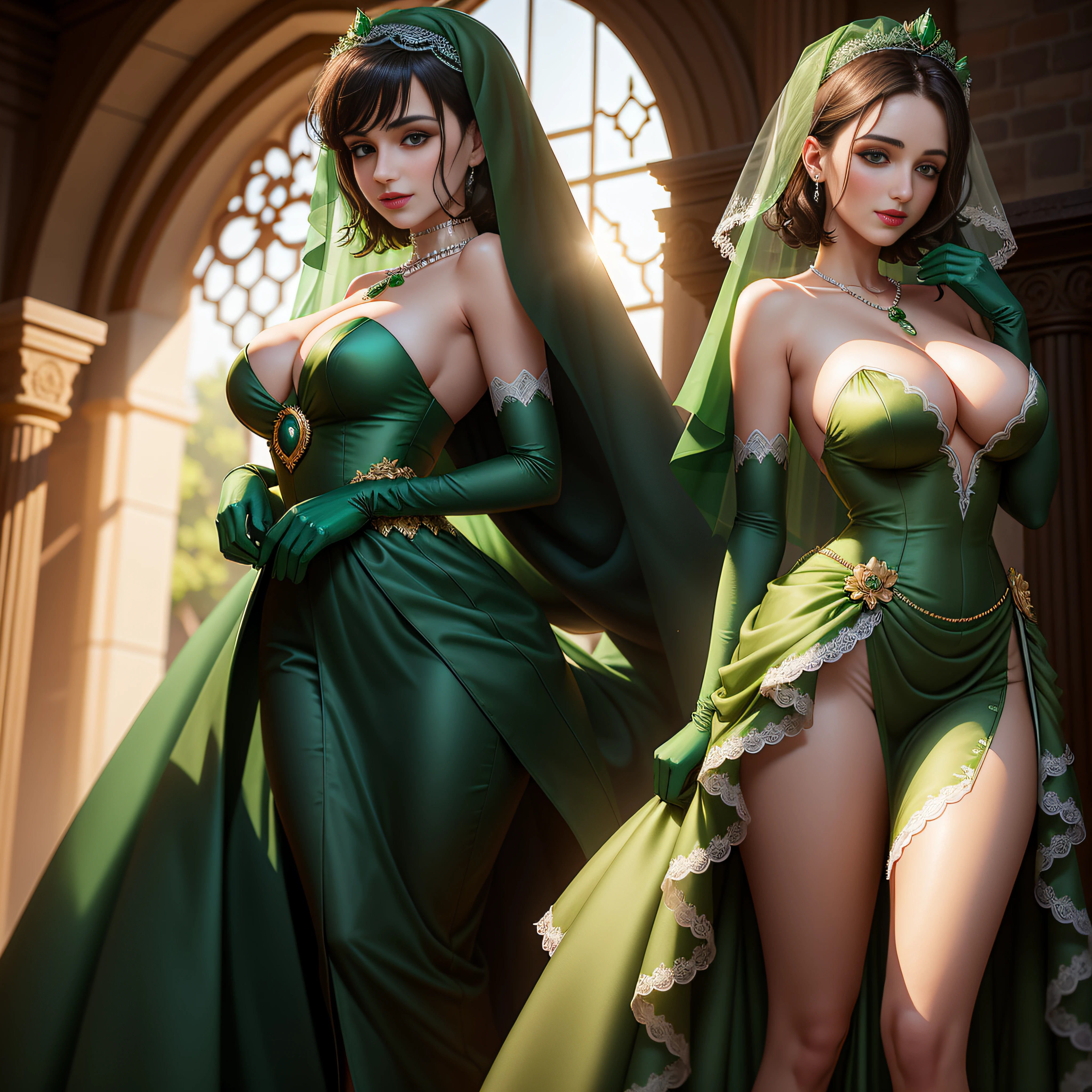 Green Dress Flower Cleanser,Sense of atmosphere, best qualtiy,tmasterpiece,1girll,30-years old,Green dress,Daytime Church,full body Esbian, Green gloves,With short black hair,big breasts beautiful,looking at viewert,ssmile,Green Bridal Veil,Green Long Grove,Satin green long gloves, lipsticks, Green Pearl Necklace Kiss, Stand and hug each other, lesbian, Sexy lesbian couple make, Passionate, making love, Kiss neck, Green shorthair, Two women kissing in church, Lesbian kiss