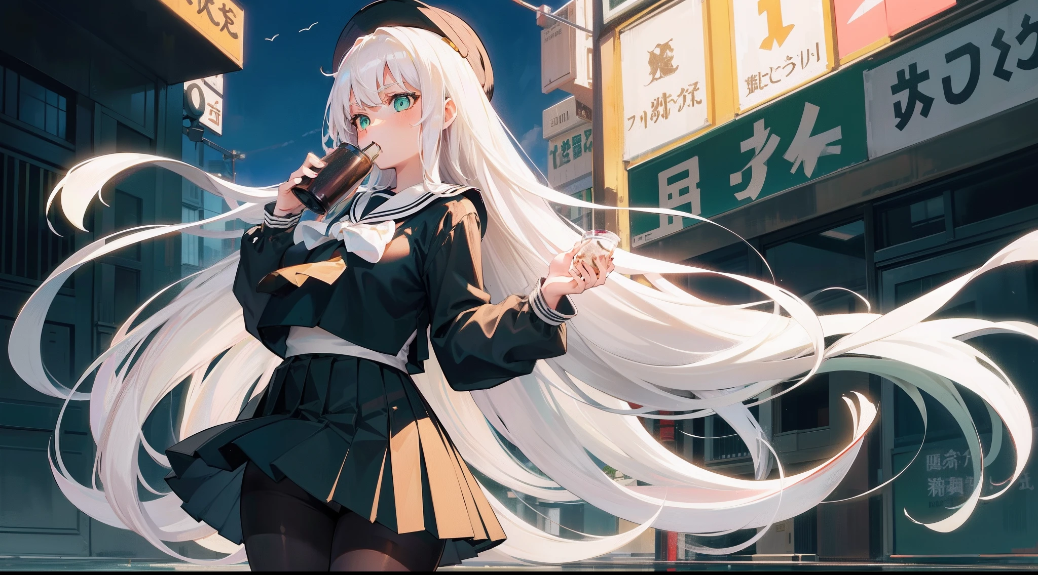 Long white hair, Green eyes, Black pleated skirt，Inside was a white sailor suit，Wearing black pantyhose, Plump body, An anime character, Only one person，Drinking brown drinks on the street