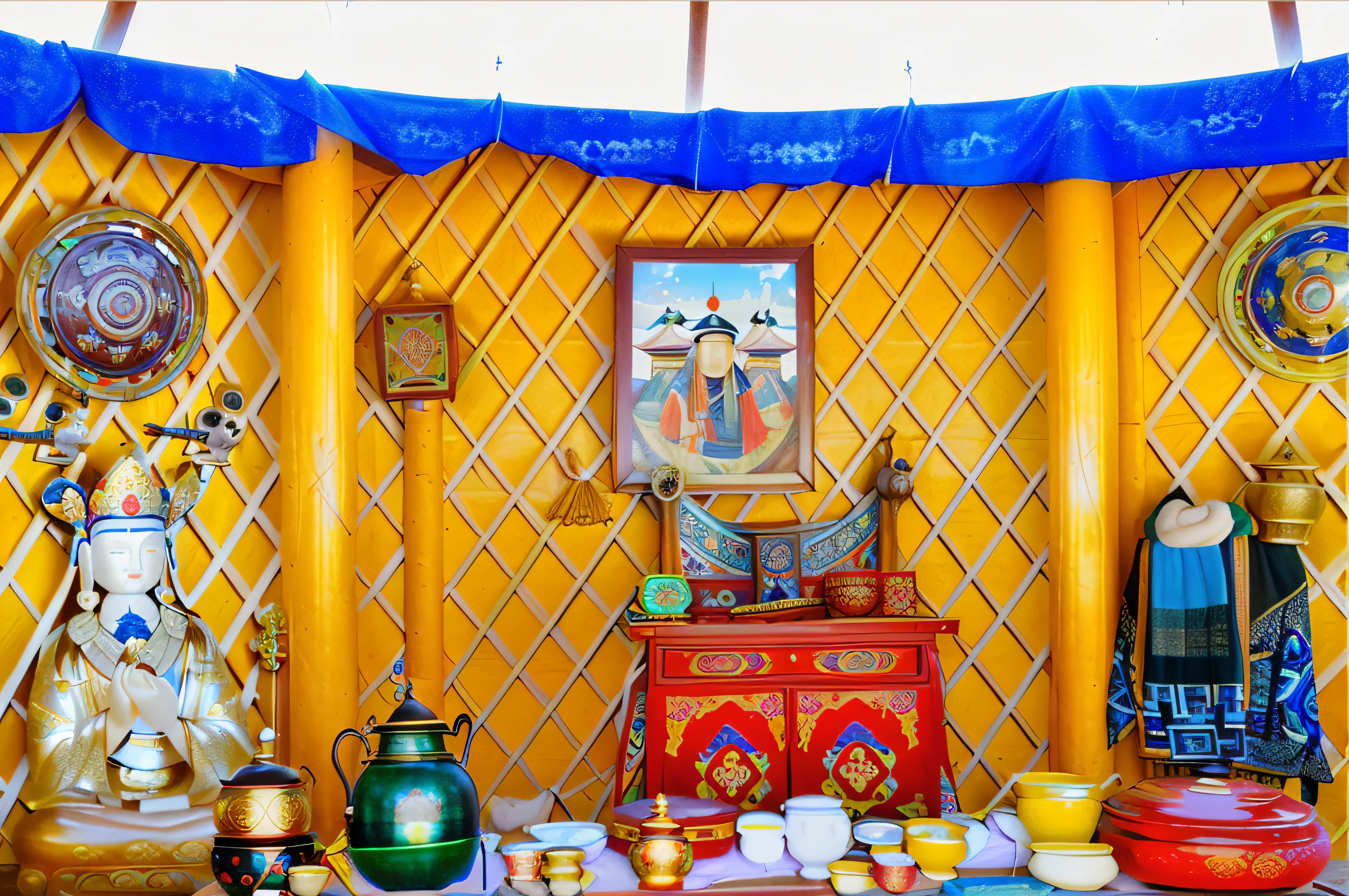 Deer and other items are displayed on the table, photo of genghis khan, Mongolia,  Inside a yurt shed， genghis khan, photo shot, 4 0 9 6, Daoism, triumphant, Edited, exclusive, Masterpiece works of art, Beautiful image, Inside a colorful yurt shed