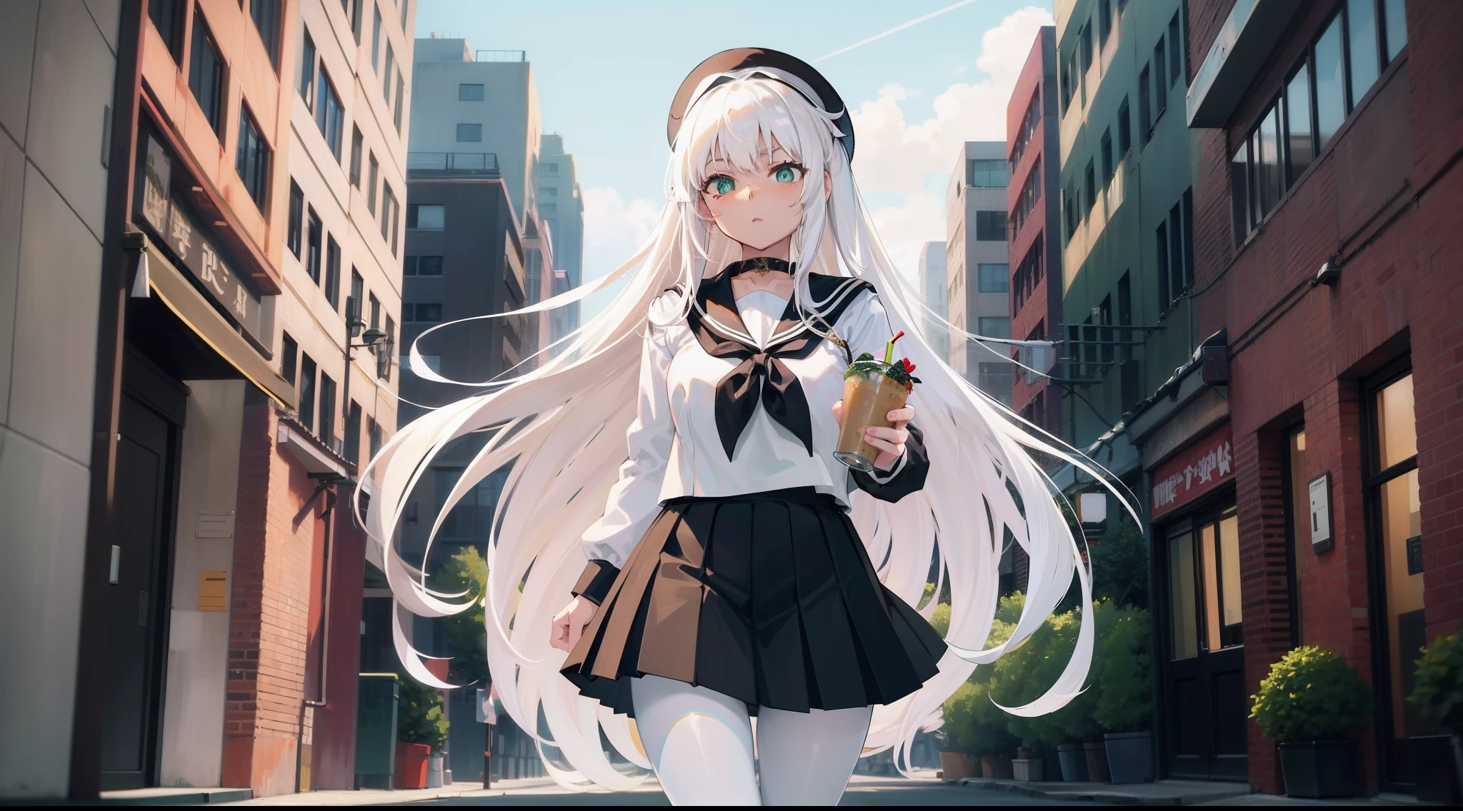 Long white hair, Green eyes, Black pleated skirt,Inside was a white sailor suit,Wearing black pantyhose, Plump body, An anime character, Only one person,Drinking brown drinks on the street